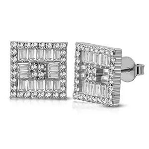 925 Sterling Silver Clear White Baguette-Shape CZ Square Stud Earrings, 0.45"