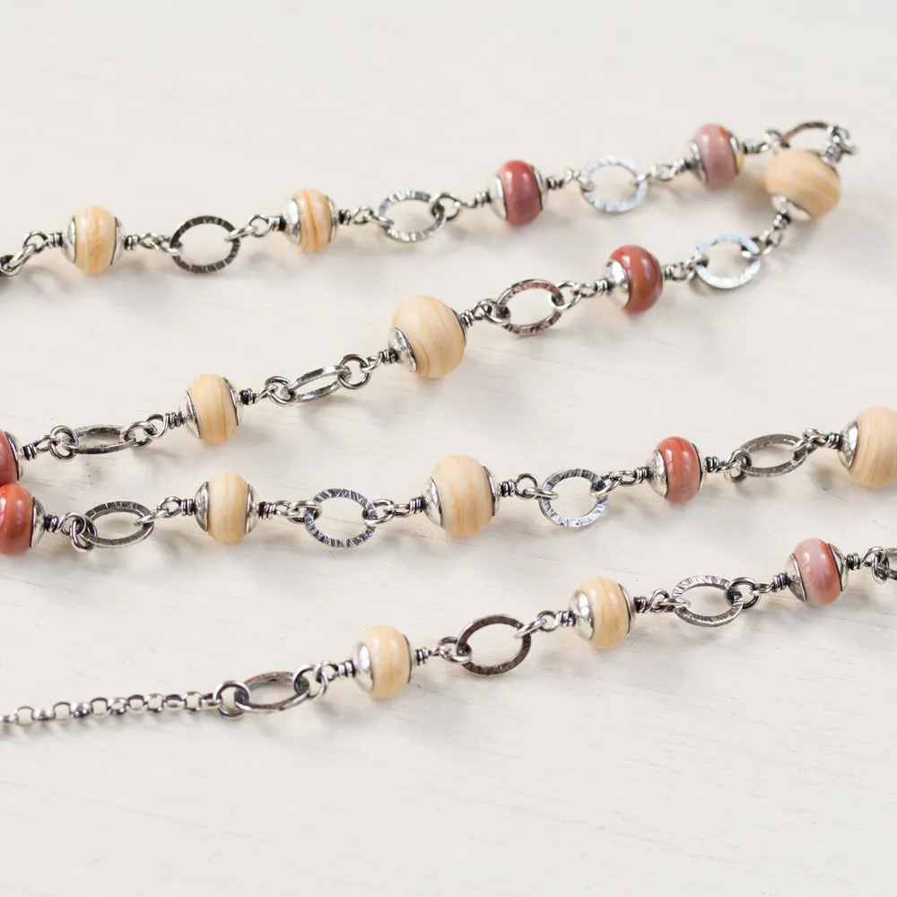 Agatized Fossil Coral Necklace, Pastel Floral Pattern Stone in Silver Bezel