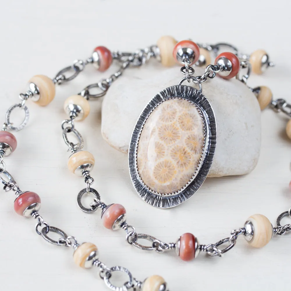 Agatized Fossil Coral Necklace, Pastel Floral Pattern Stone in Silver Bezel
