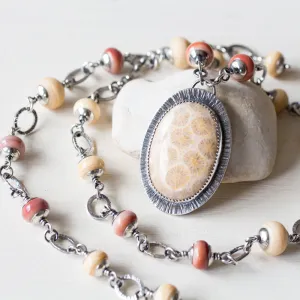 Agatized Fossil Coral Necklace, Pastel Floral Pattern Stone in Silver Bezel