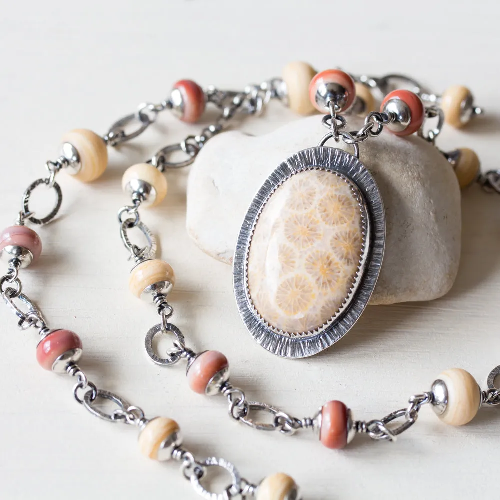 Agatized Fossil Coral Necklace, Pastel Floral Pattern Stone in Silver Bezel
