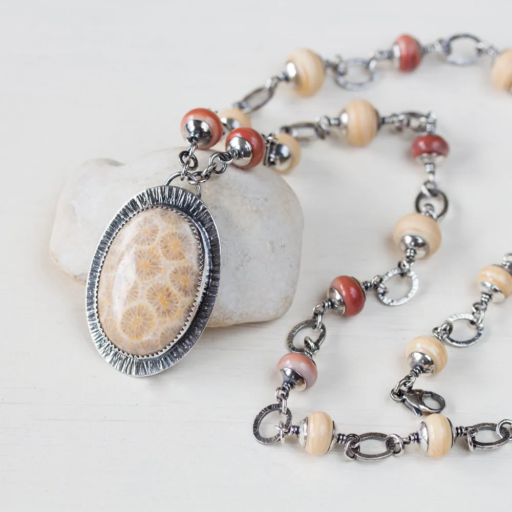 Agatized Fossil Coral Necklace, Pastel Floral Pattern Stone in Silver Bezel