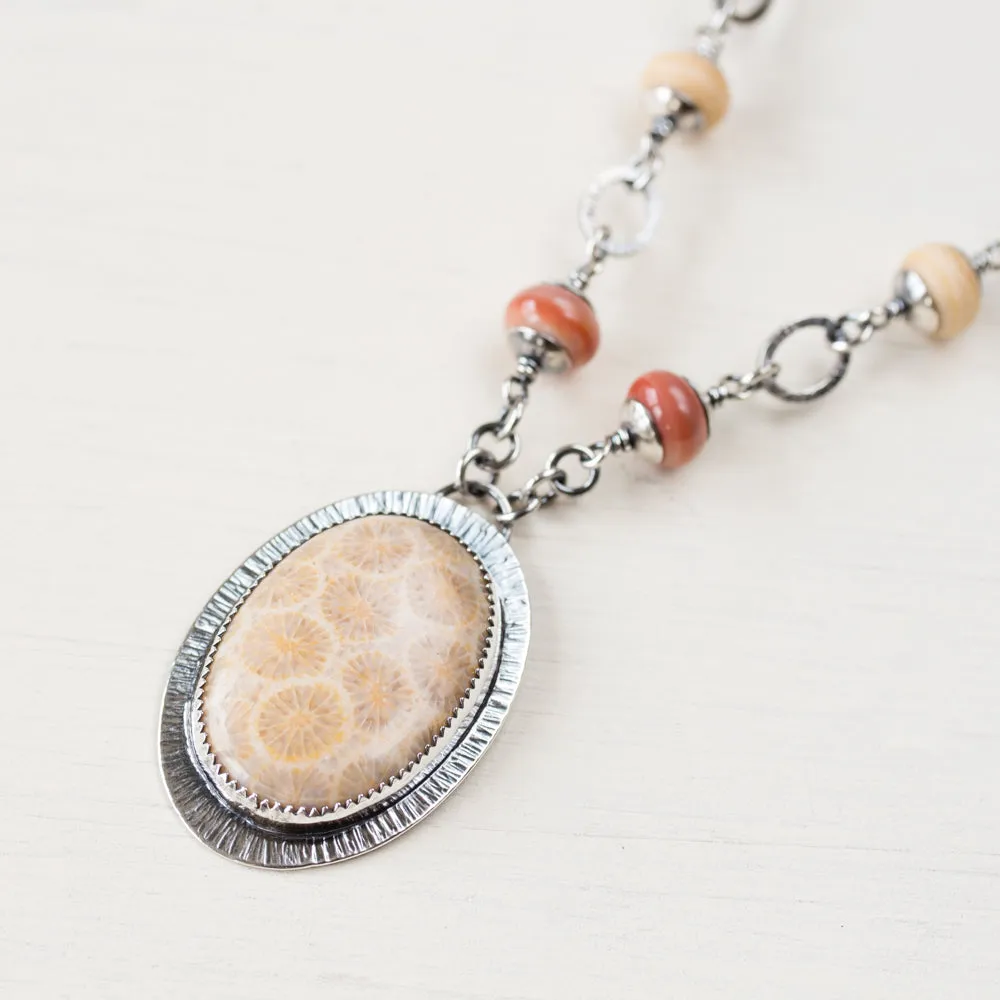 Agatized Fossil Coral Necklace, Pastel Floral Pattern Stone in Silver Bezel