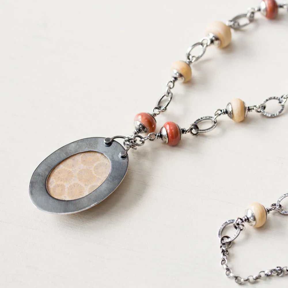 Agatized Fossil Coral Necklace, Pastel Floral Pattern Stone in Silver Bezel