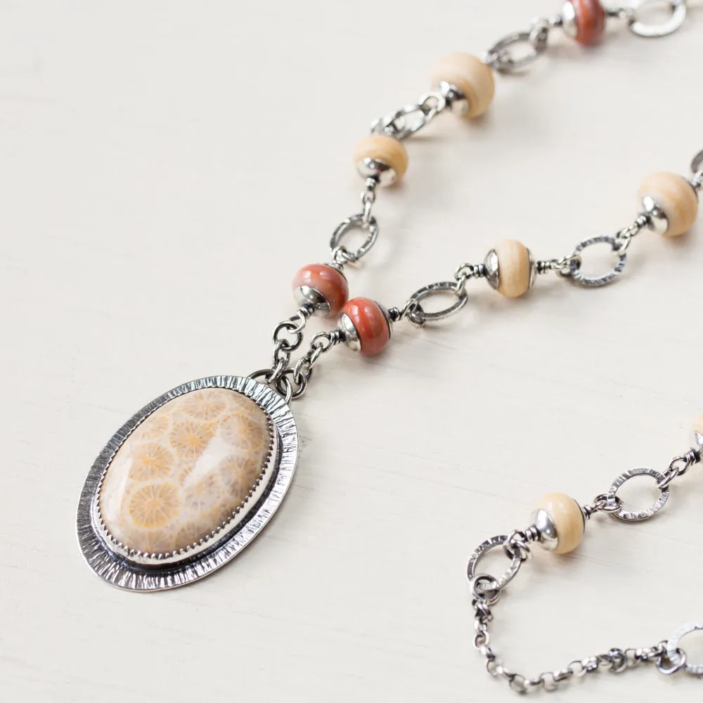 Agatized Fossil Coral Necklace, Pastel Floral Pattern Stone in Silver Bezel