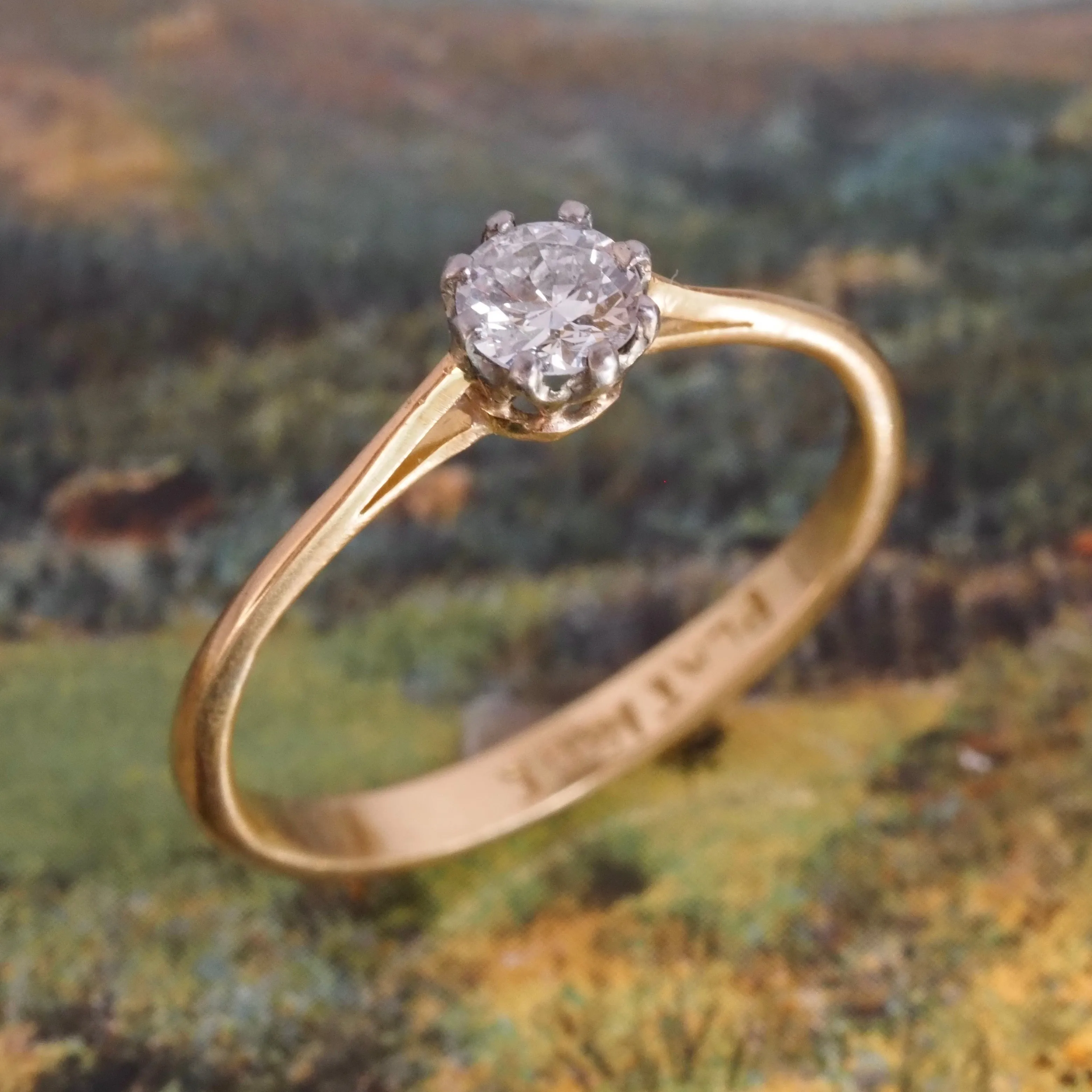 Antique English 18k Gold Platinum Round Brilliant Cut Diamond Solitaire Ring