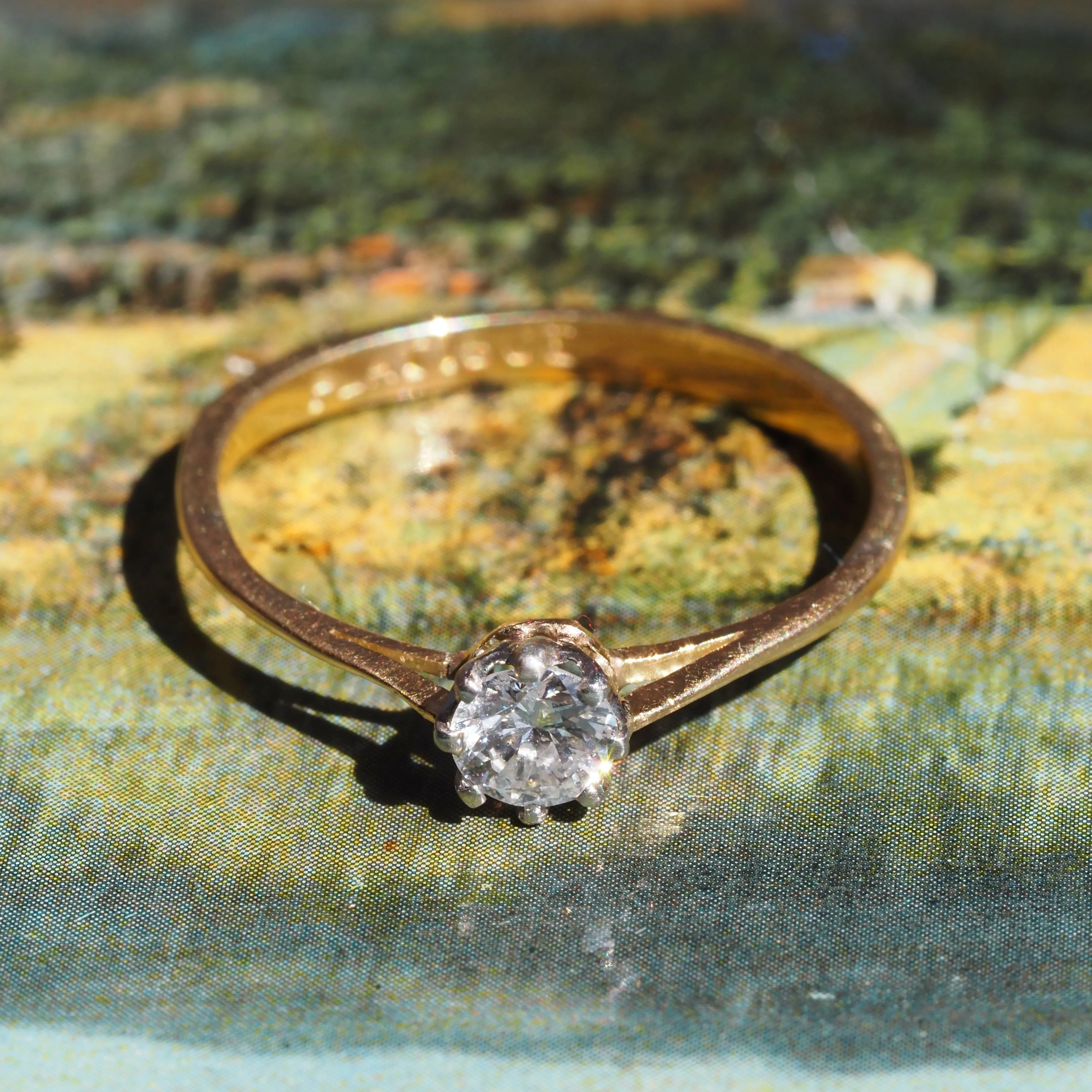 Antique English 18k Gold Platinum Round Brilliant Cut Diamond Solitaire Ring