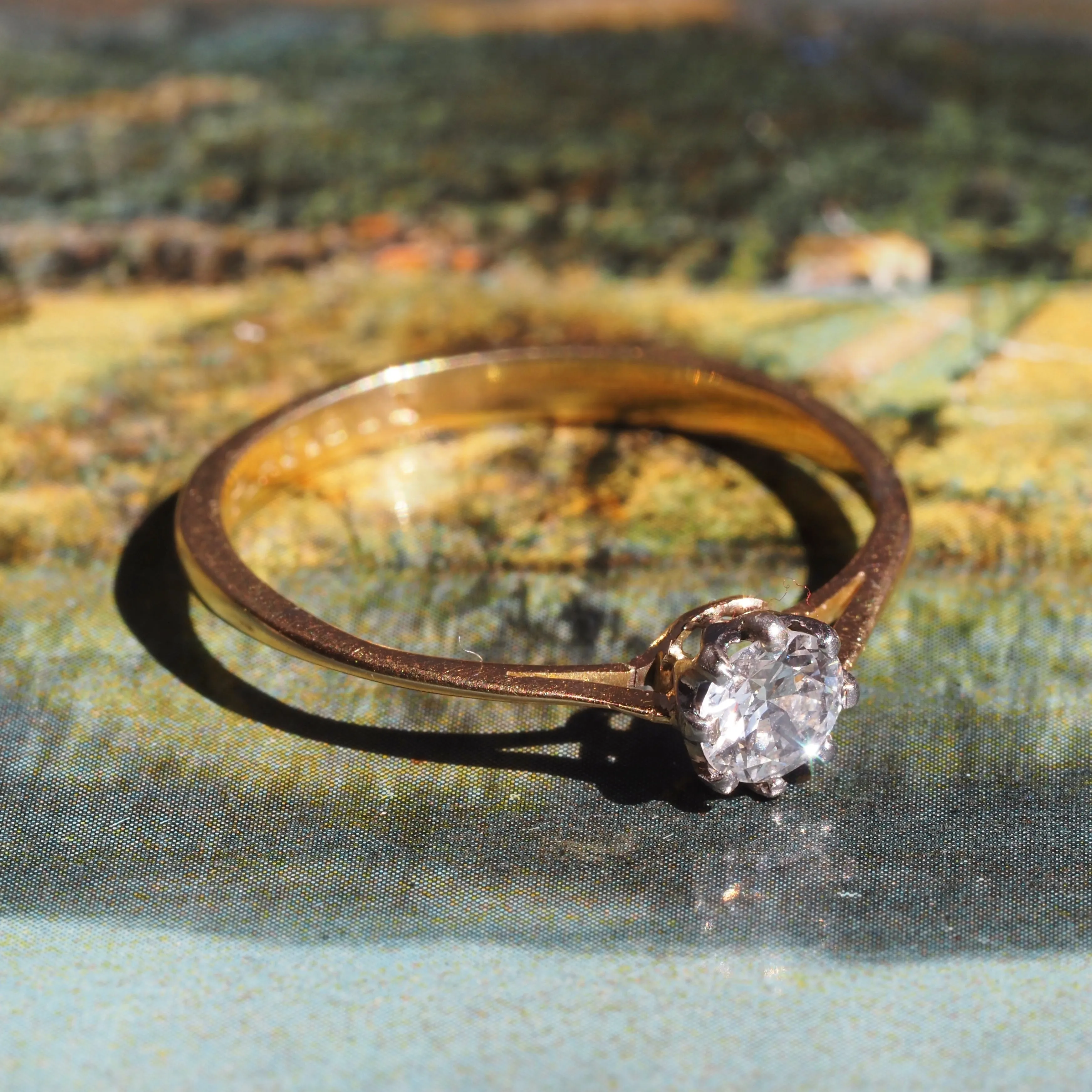 Antique English 18k Gold Platinum Round Brilliant Cut Diamond Solitaire Ring