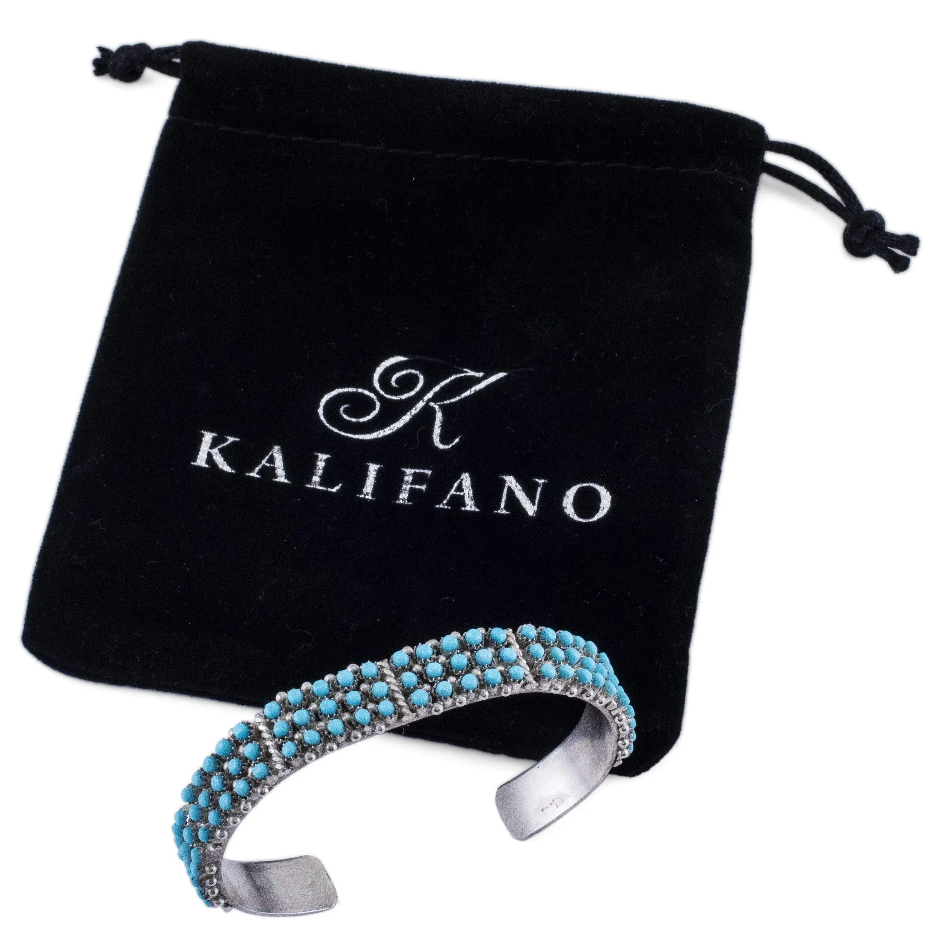 April Haloo Kingman Turquoise Zuni Petit Point USA Native American Made 925 Sterling Silver Cuff