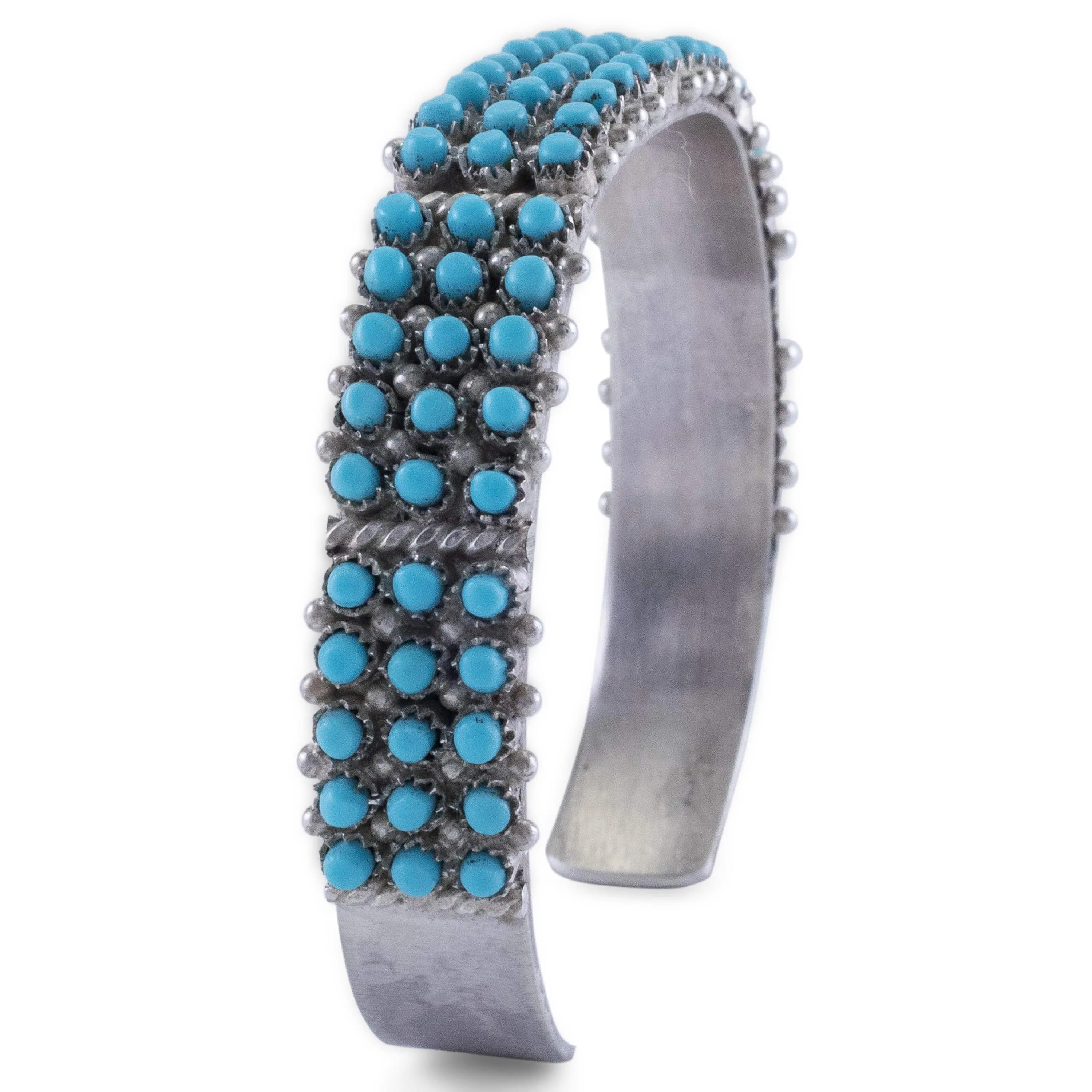 April Haloo Kingman Turquoise Zuni Petit Point USA Native American Made 925 Sterling Silver Cuff