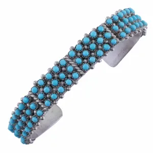 April Haloo Kingman Turquoise Zuni Petit Point USA Native American Made 925 Sterling Silver Cuff