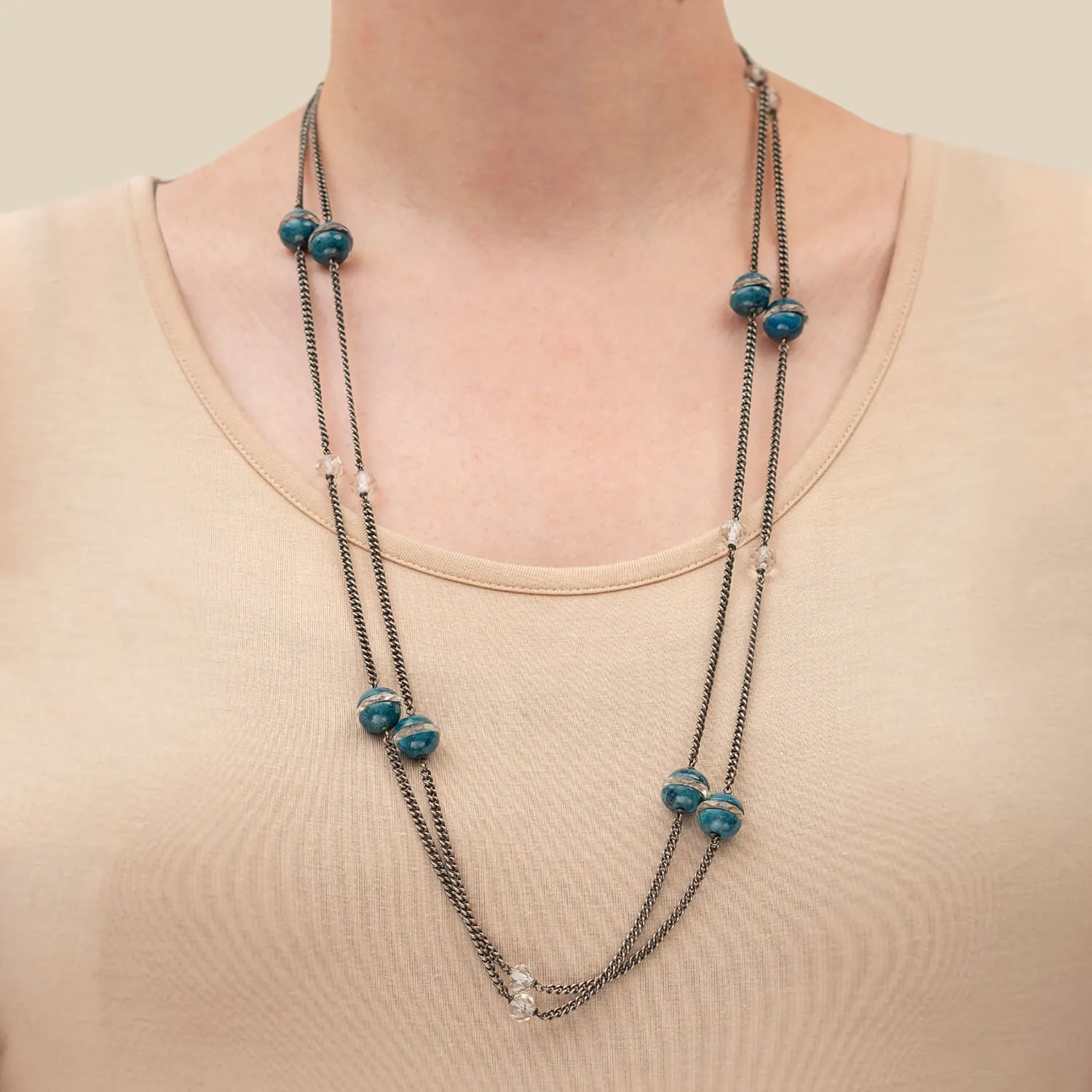 Art Deco Silver, Sodalite   Rock Quartz Crystal Rondel Necklace 60"