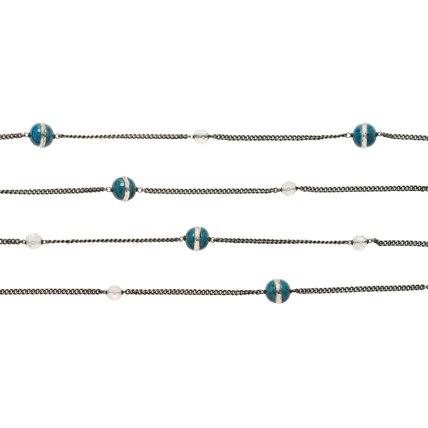 Art Deco Silver, Sodalite   Rock Quartz Crystal Rondel Necklace 60"
