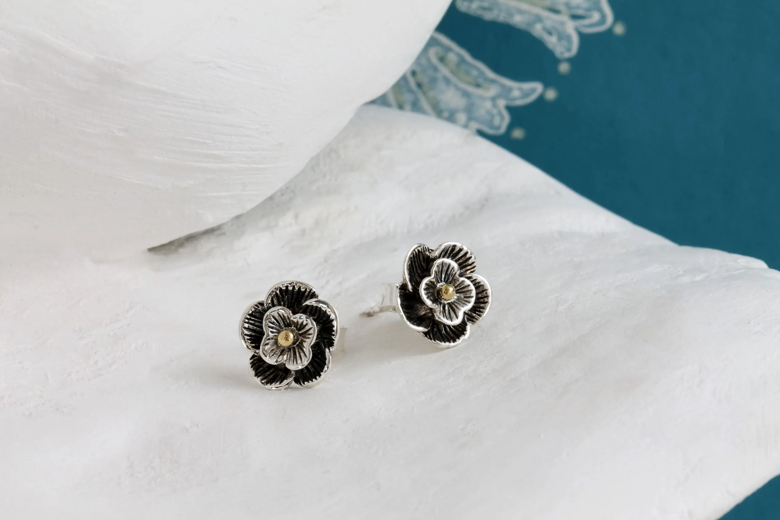 Banyan Oxidised Silver Flower Stud Earrings