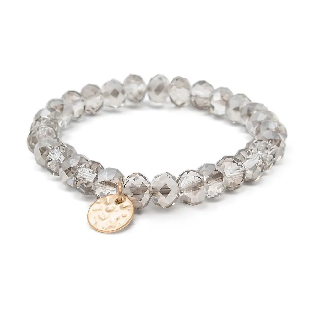 Black Glass Bead Bracelet with Disc Charm Gold Tone