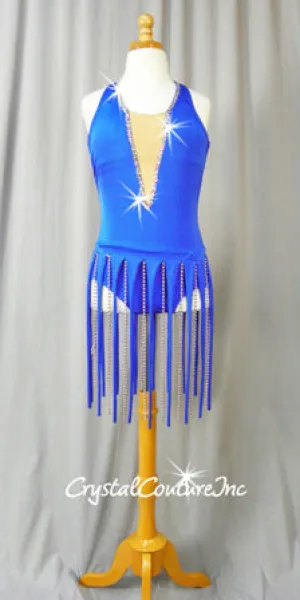 Blue Halter Leotard with Piecey and Silver Beaded Skirt - Swarovski Rhinestones
