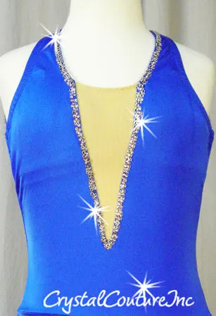 Blue Halter Leotard with Piecey and Silver Beaded Skirt - Swarovski Rhinestones