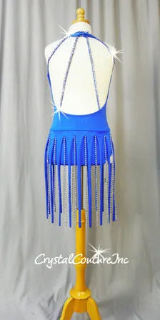 Blue Halter Leotard with Piecey and Silver Beaded Skirt - Swarovski Rhinestones