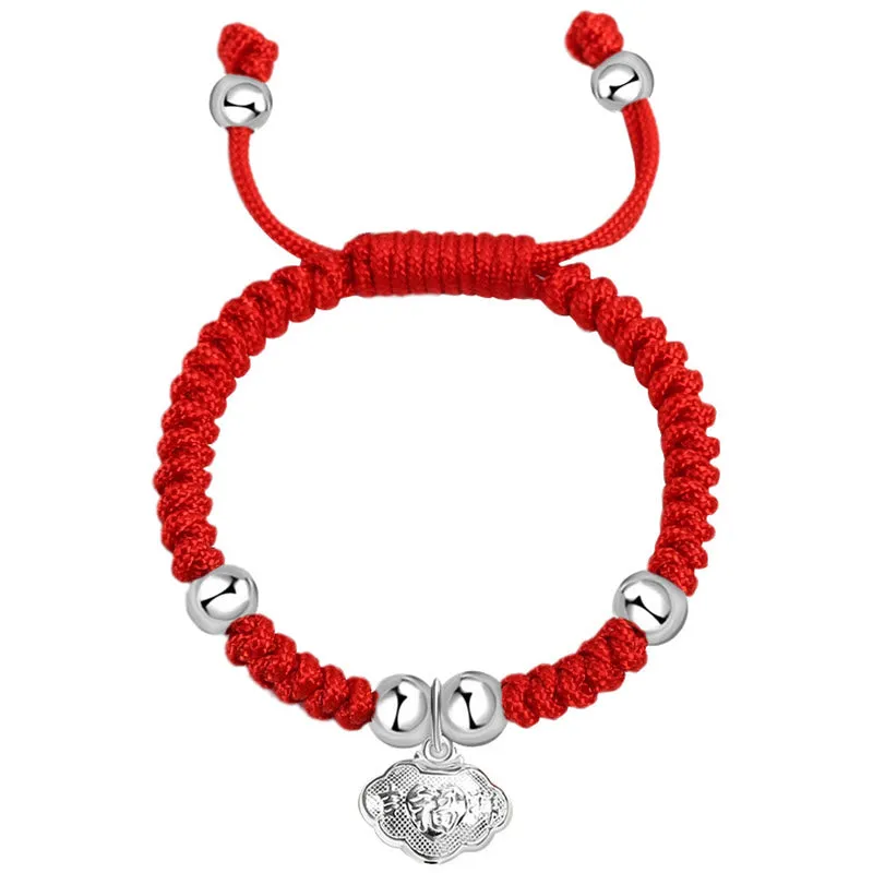 Buddha Stones 925 Sterling Silver Handmade Fu Character Lucky Money Bag Chinese Lock Charm Bell Lotus Copper Coin King Kong Knot Braided Kids Bracelet
