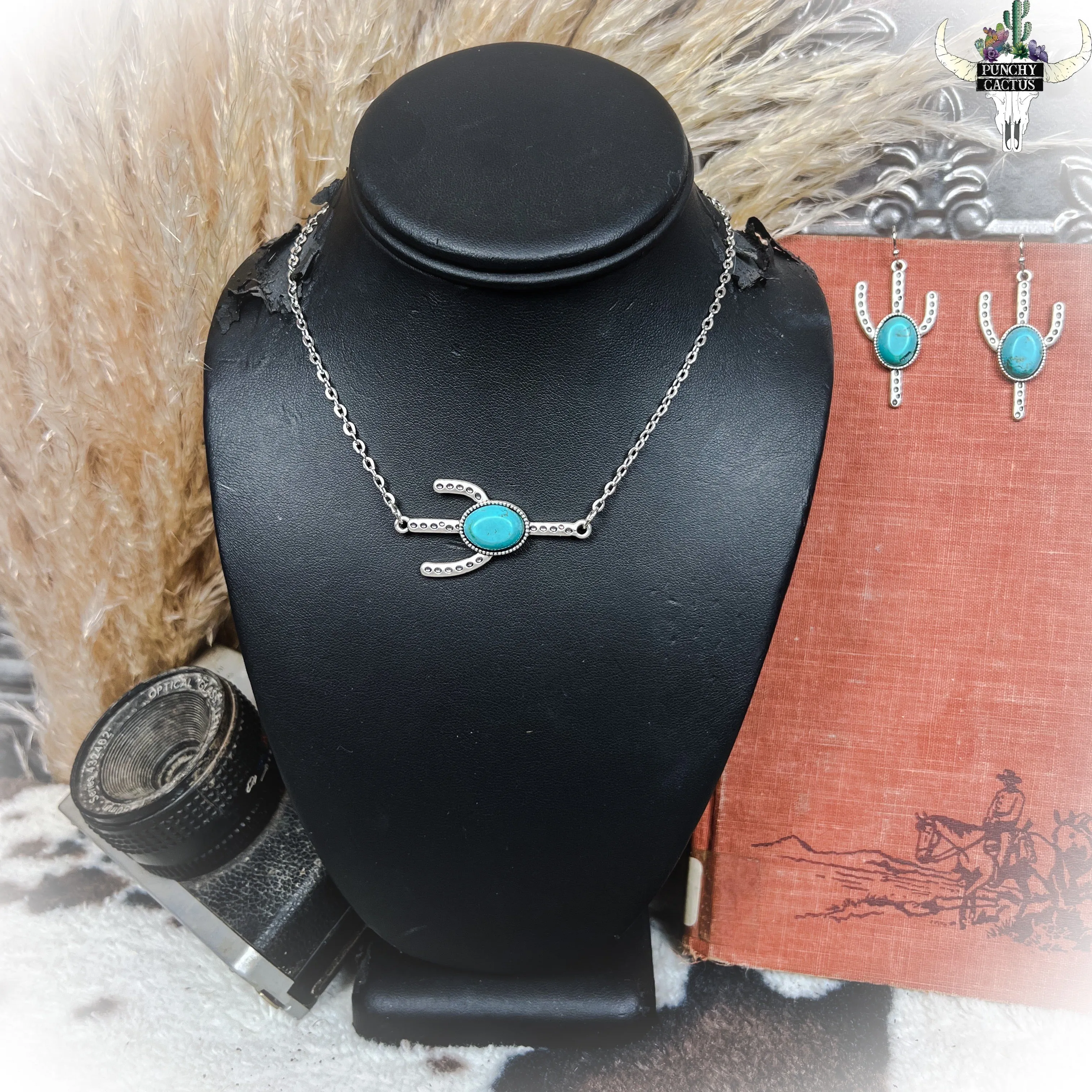Cactus Pendant Necklace & Earring Set
