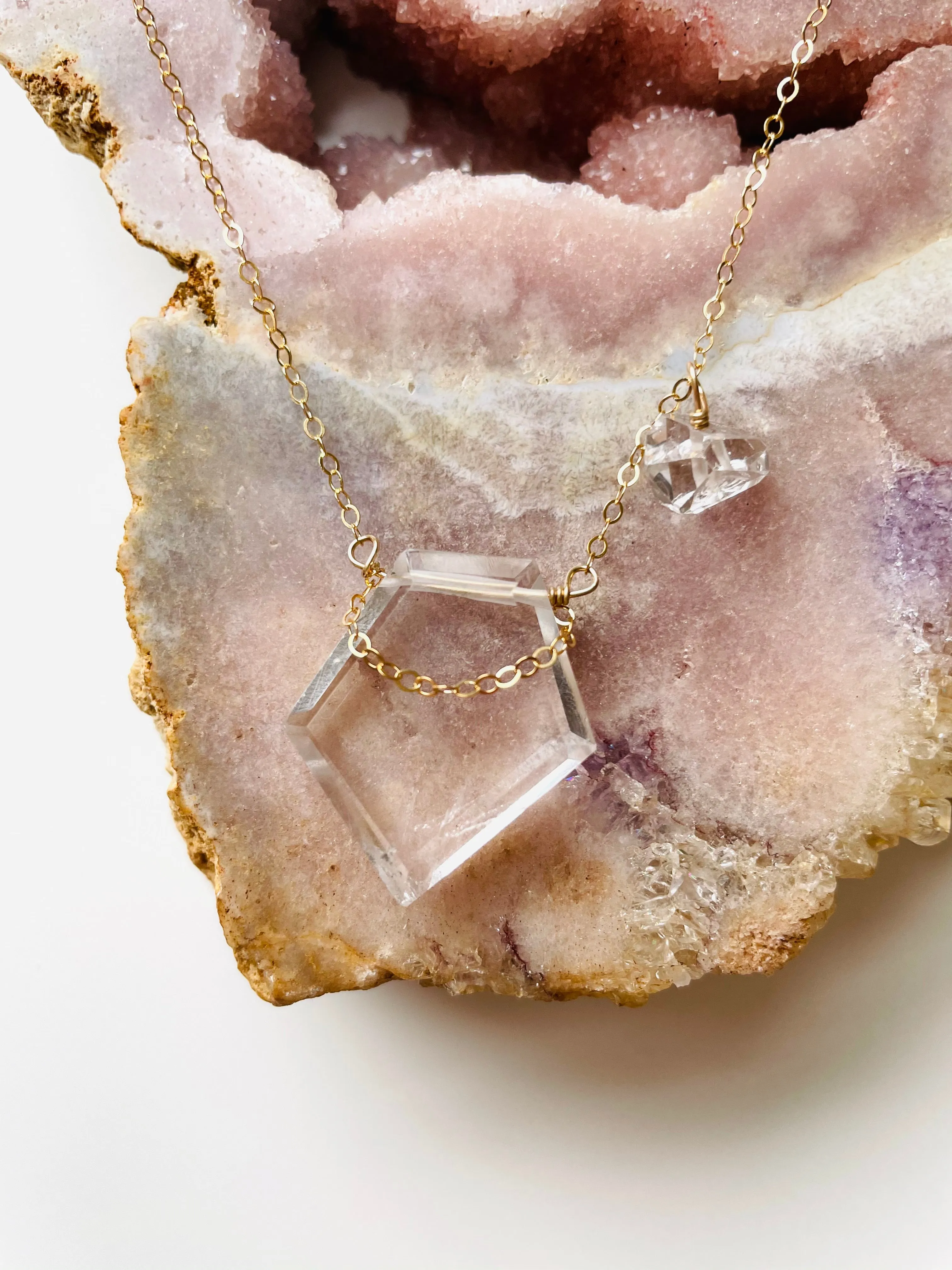 Clear Quartz with Herkimer Shield Necklace - 14kt gold filled or sterling Silver - healing crystal jewelry