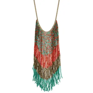 Coral, Bronze, Teal Beaded Long Fringe Necklace