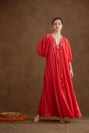 Coral Hand Embroidered Maxi Dress