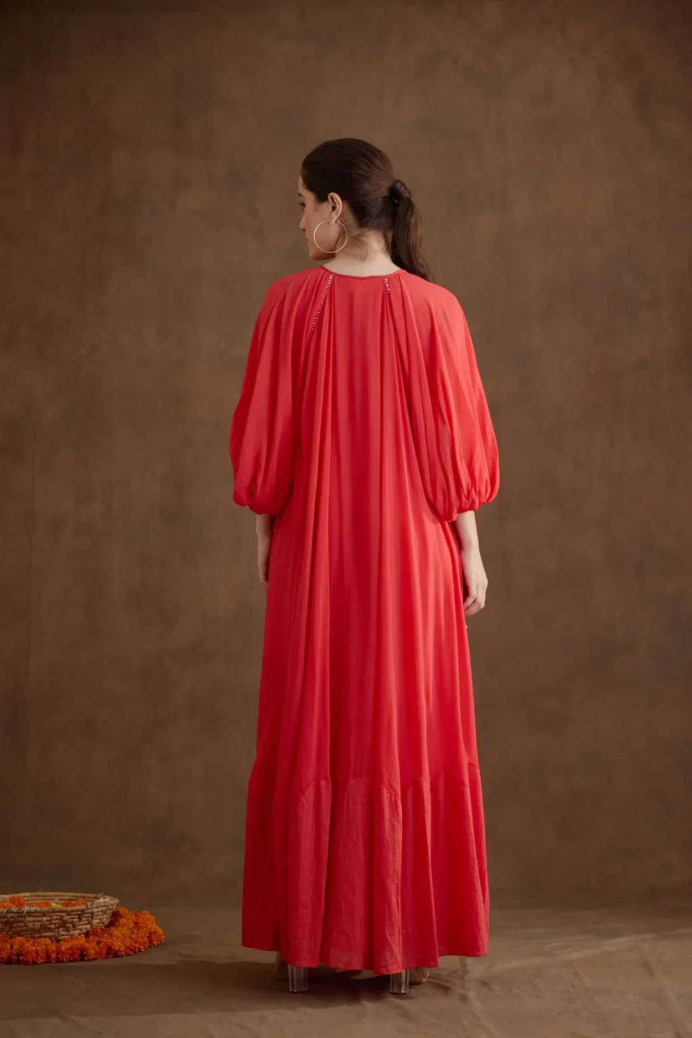 Coral Hand Embroidered Maxi Dress
