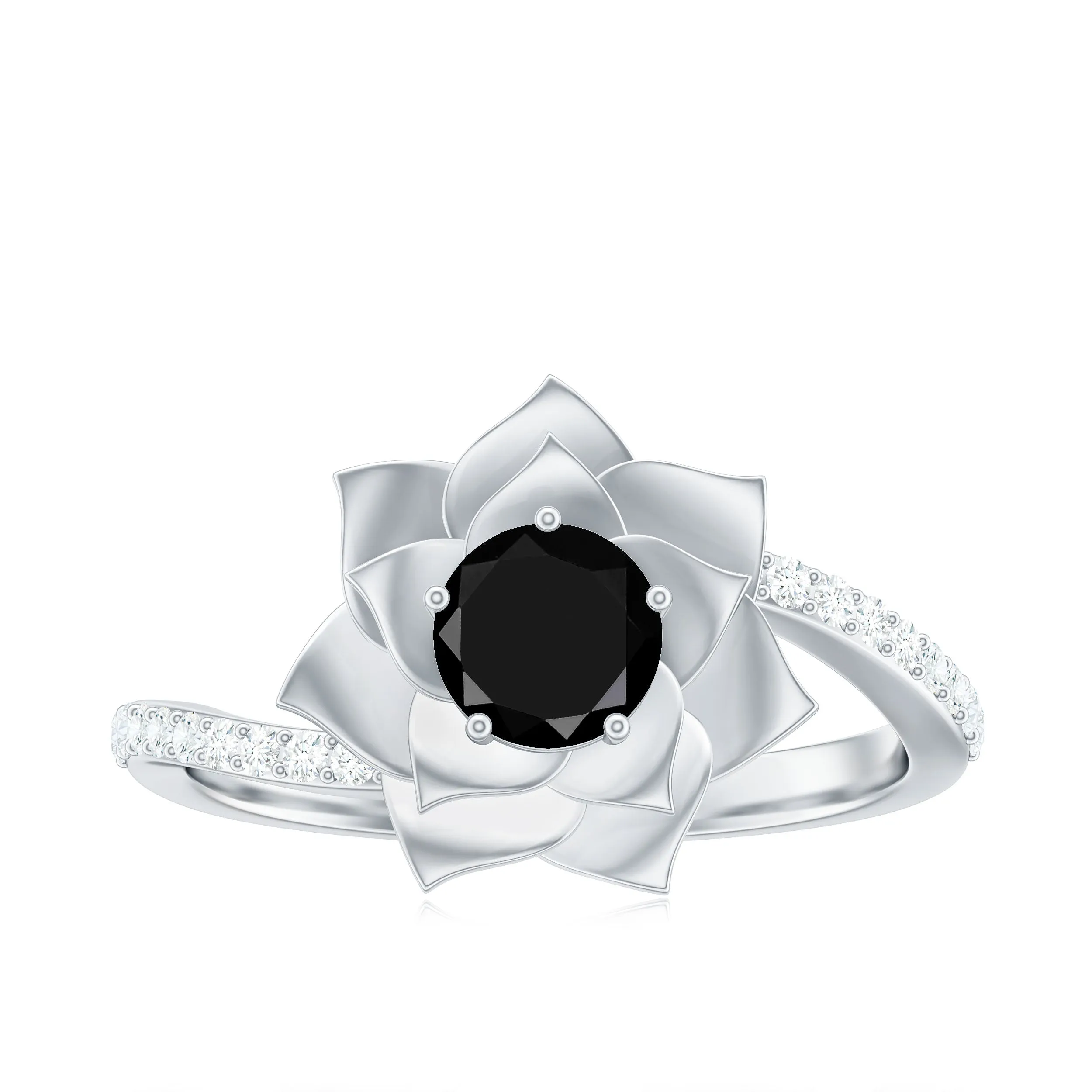 Created Black Diamond and Diamond Flower Ring in Bypass Shank