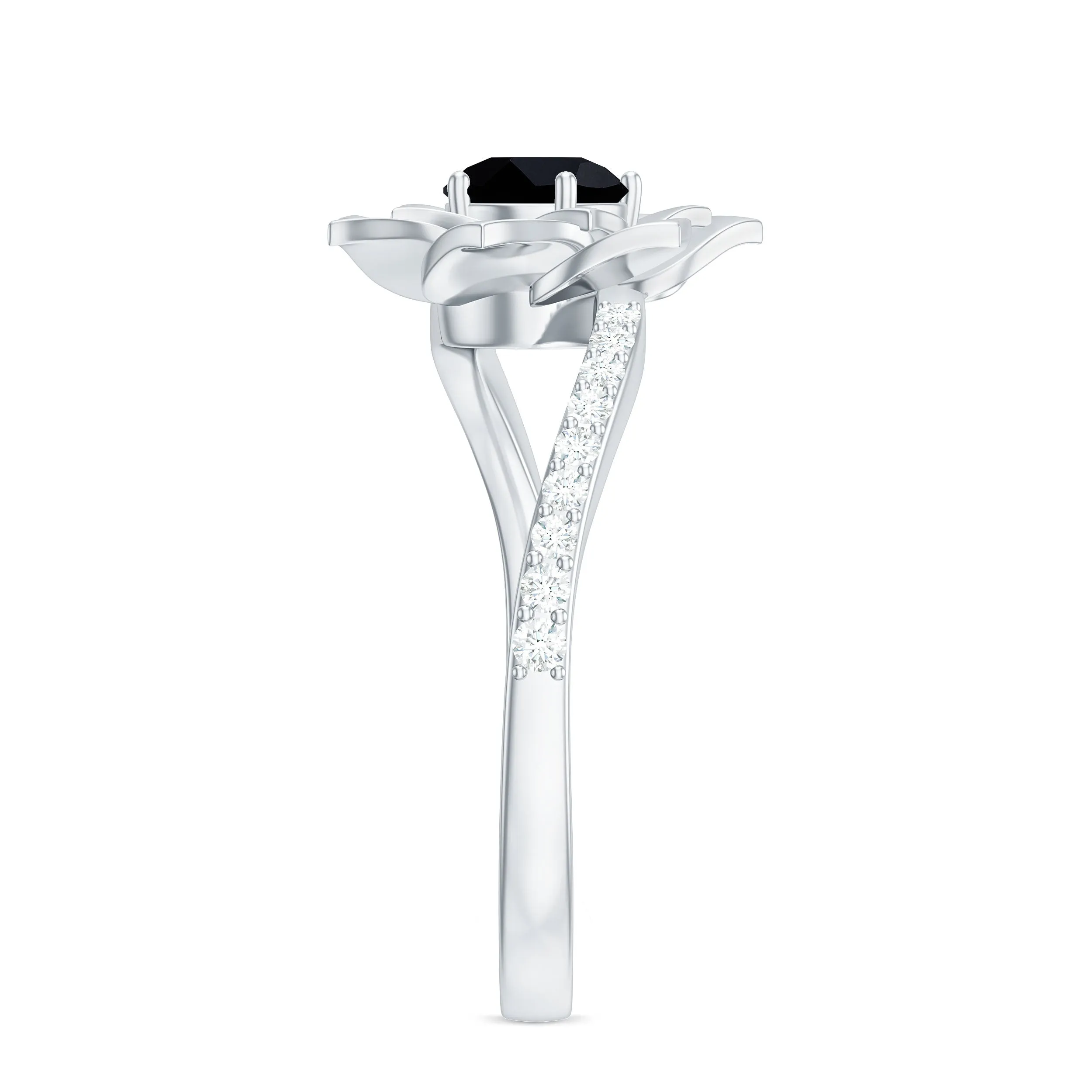 Created Black Diamond and Diamond Flower Ring in Bypass Shank