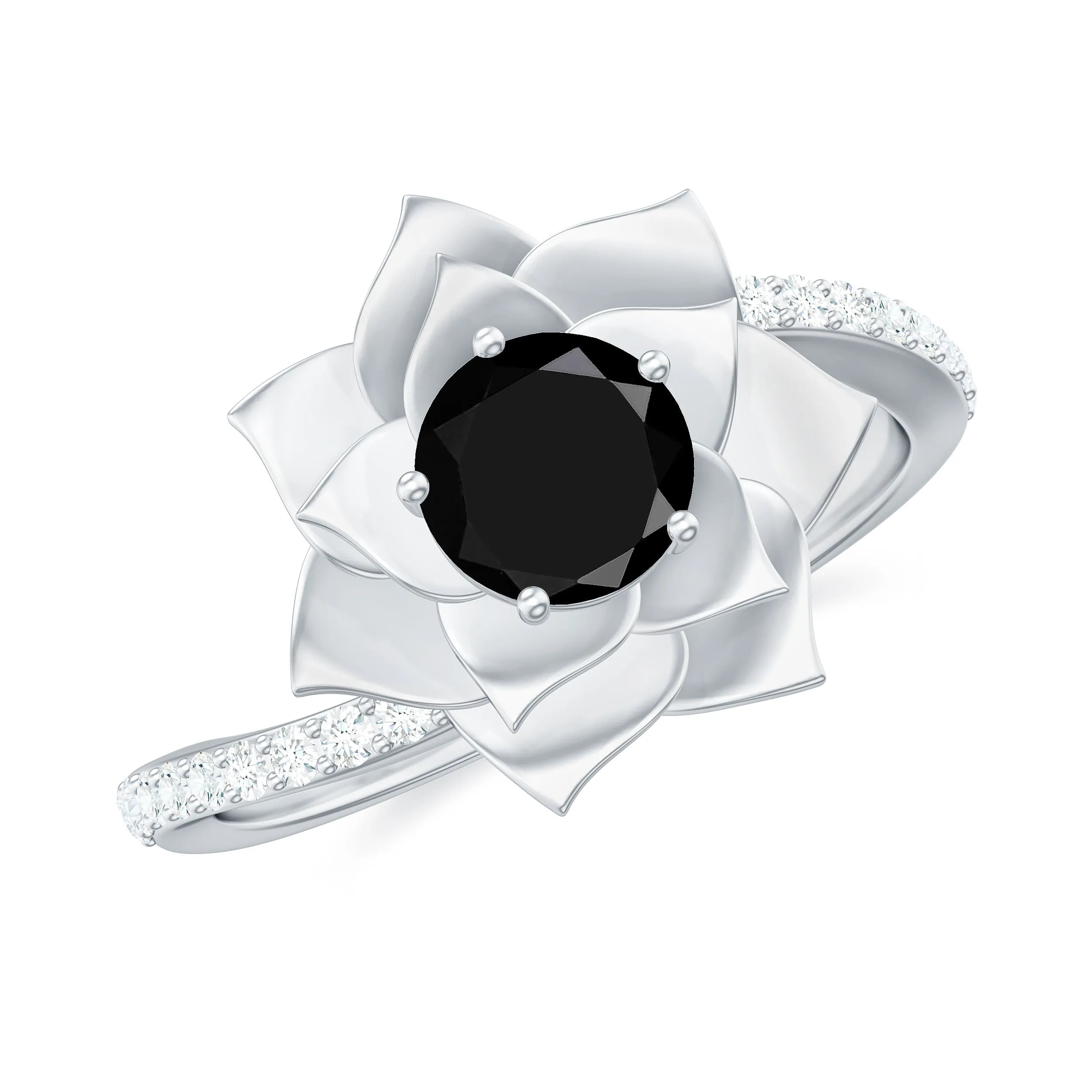 Created Black Diamond and Diamond Flower Ring in Bypass Shank