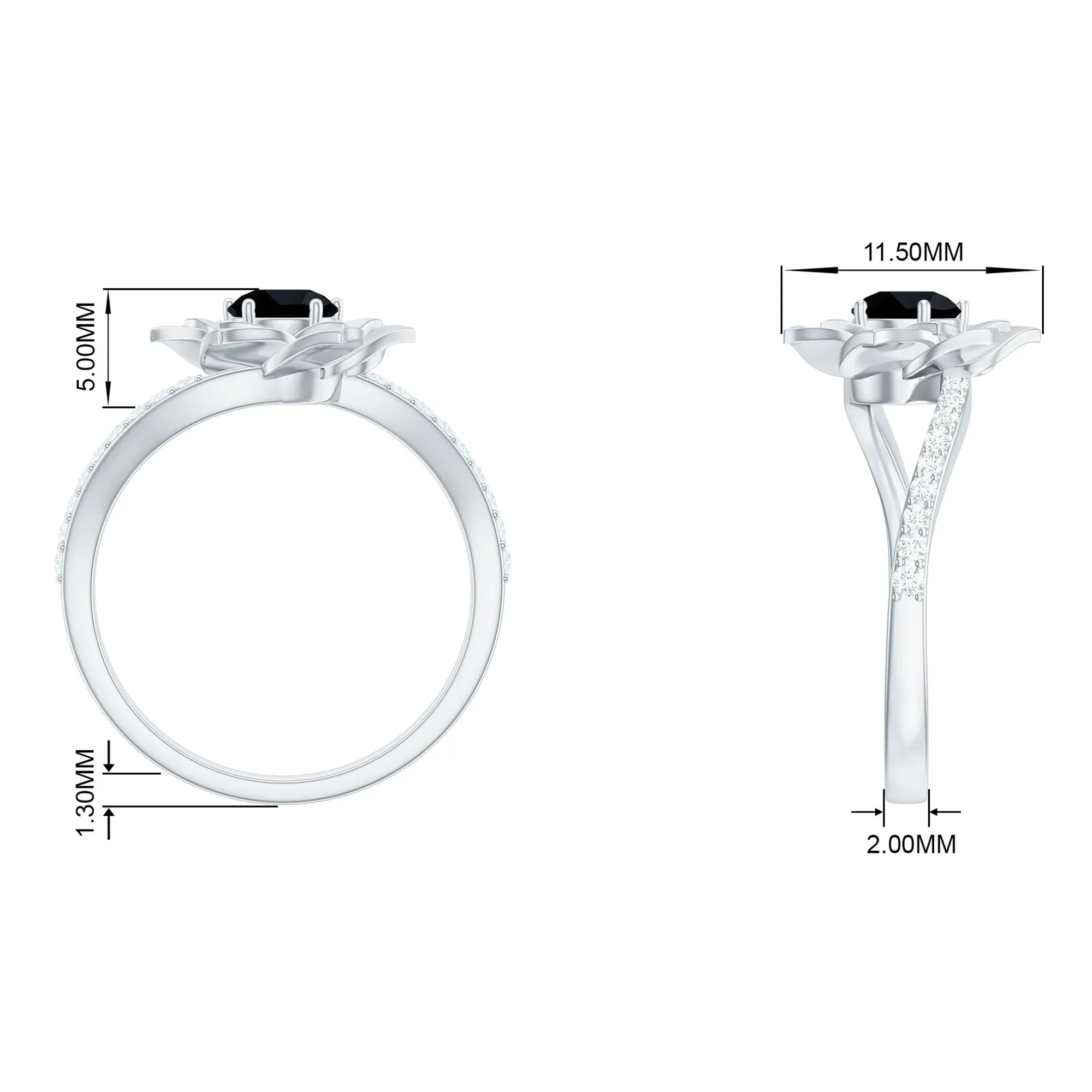 Created Black Diamond and Diamond Flower Ring in Bypass Shank