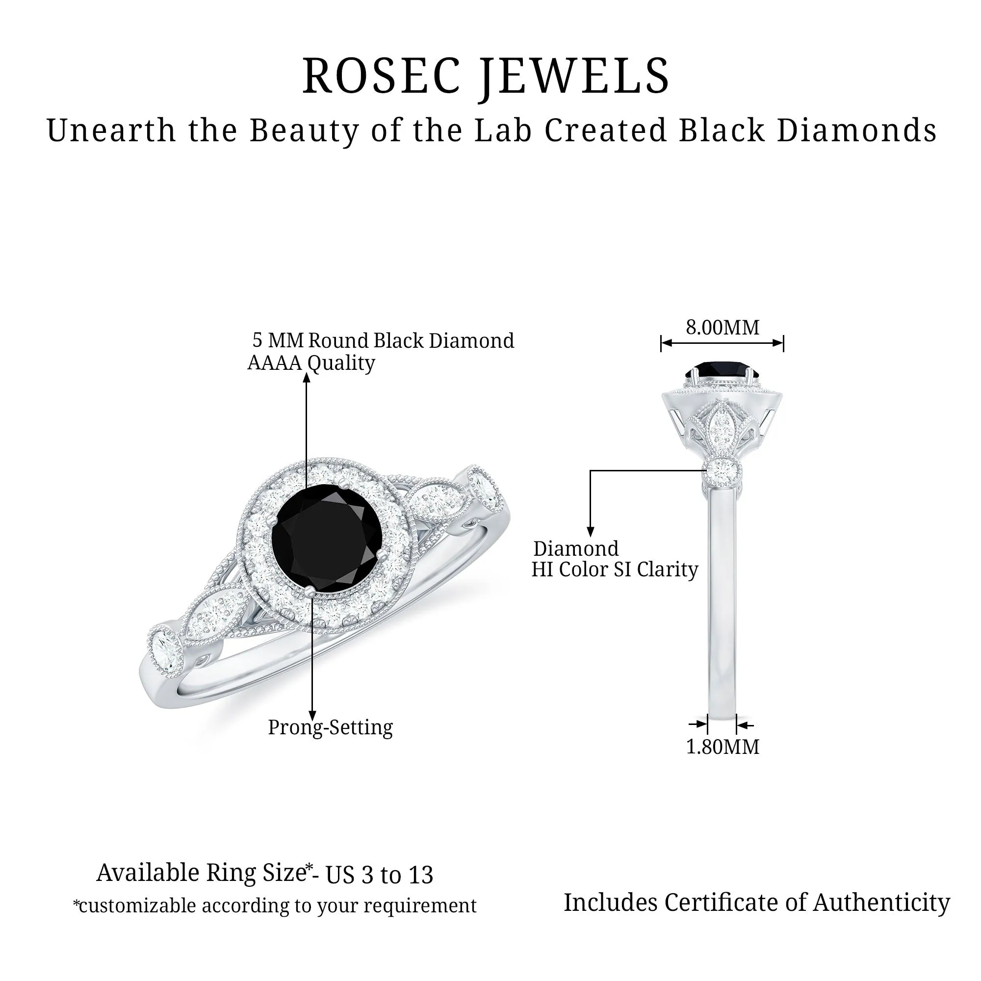 Created Black Diamond Antique Style Engagement Ring with Diamond