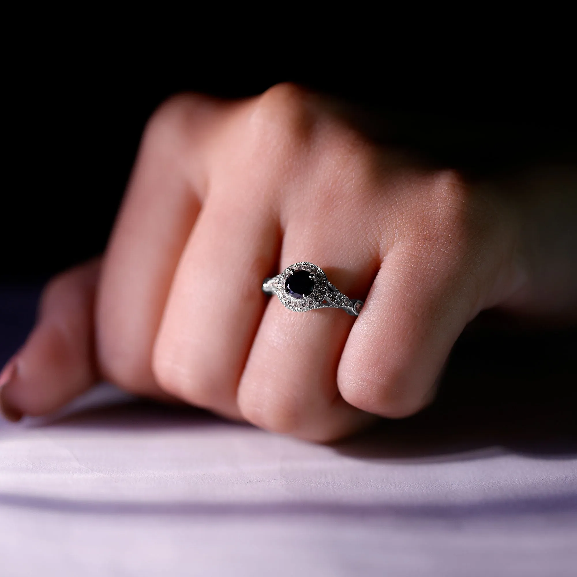 Created Black Diamond Antique Style Engagement Ring with Diamond