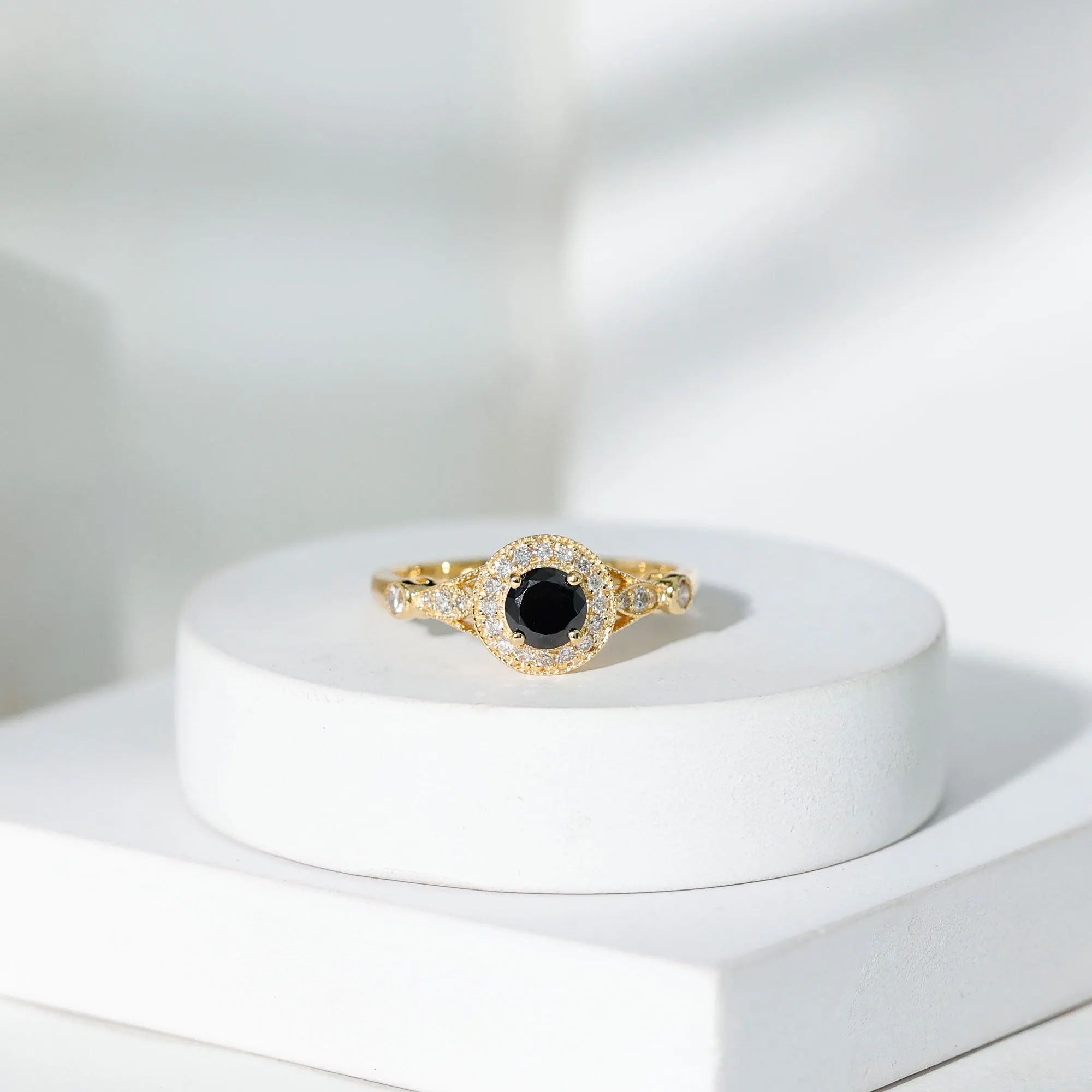 Created Black Diamond Antique Style Engagement Ring with Diamond