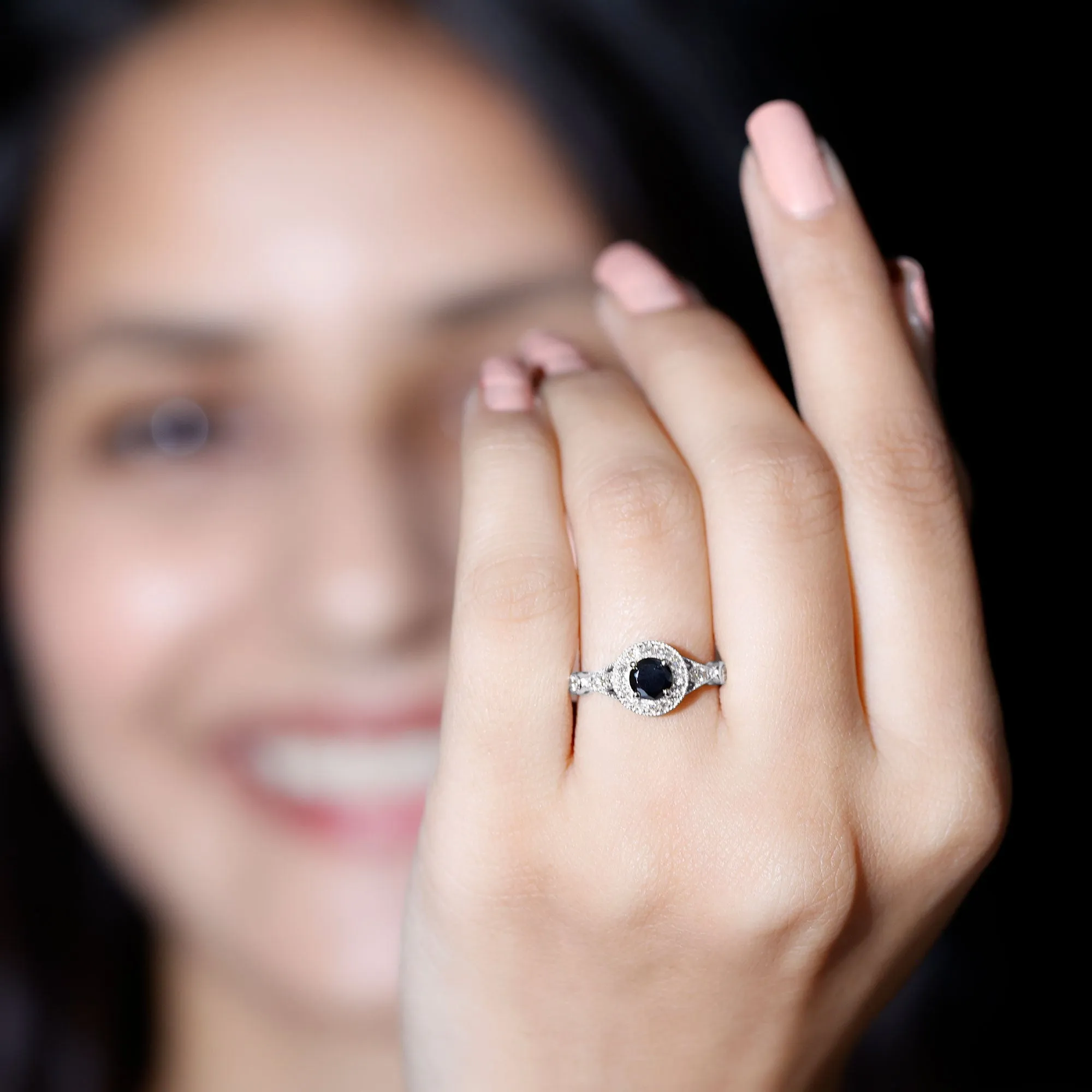 Created Black Diamond Antique Style Engagement Ring with Diamond