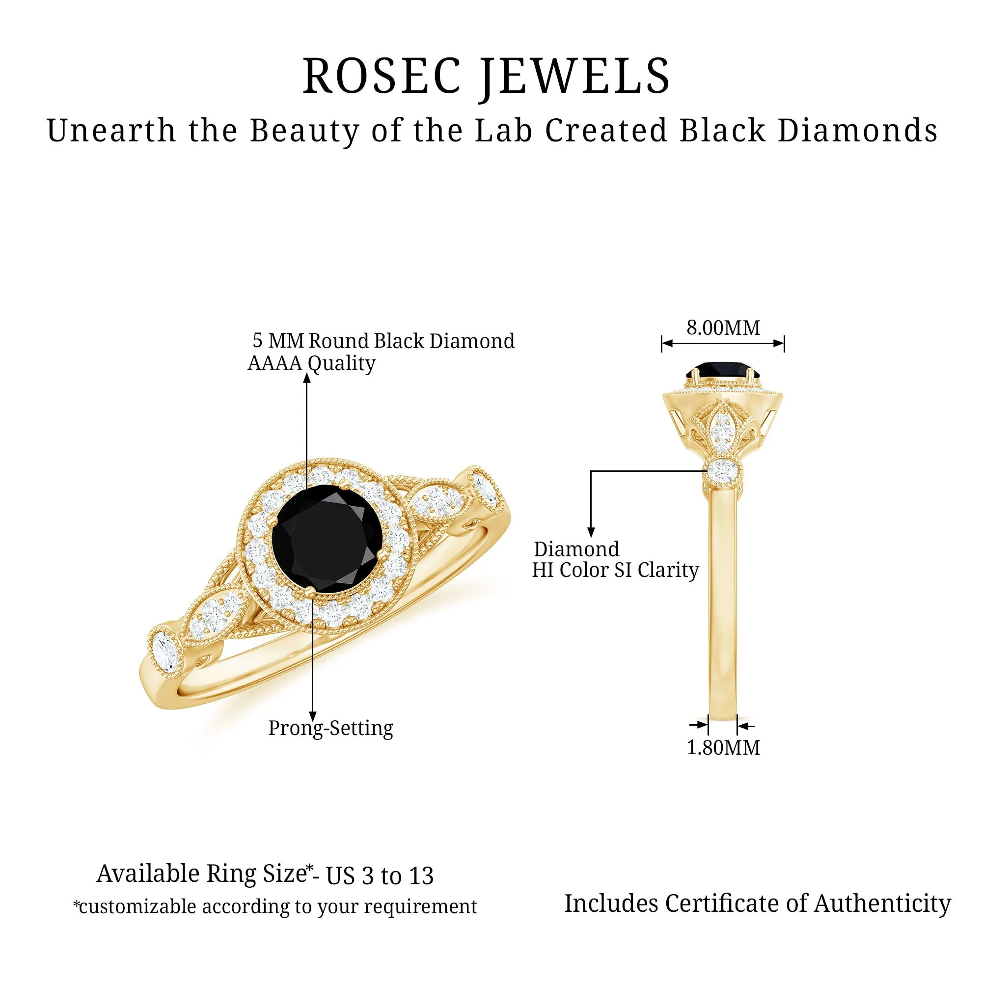 Created Black Diamond Antique Style Engagement Ring with Diamond