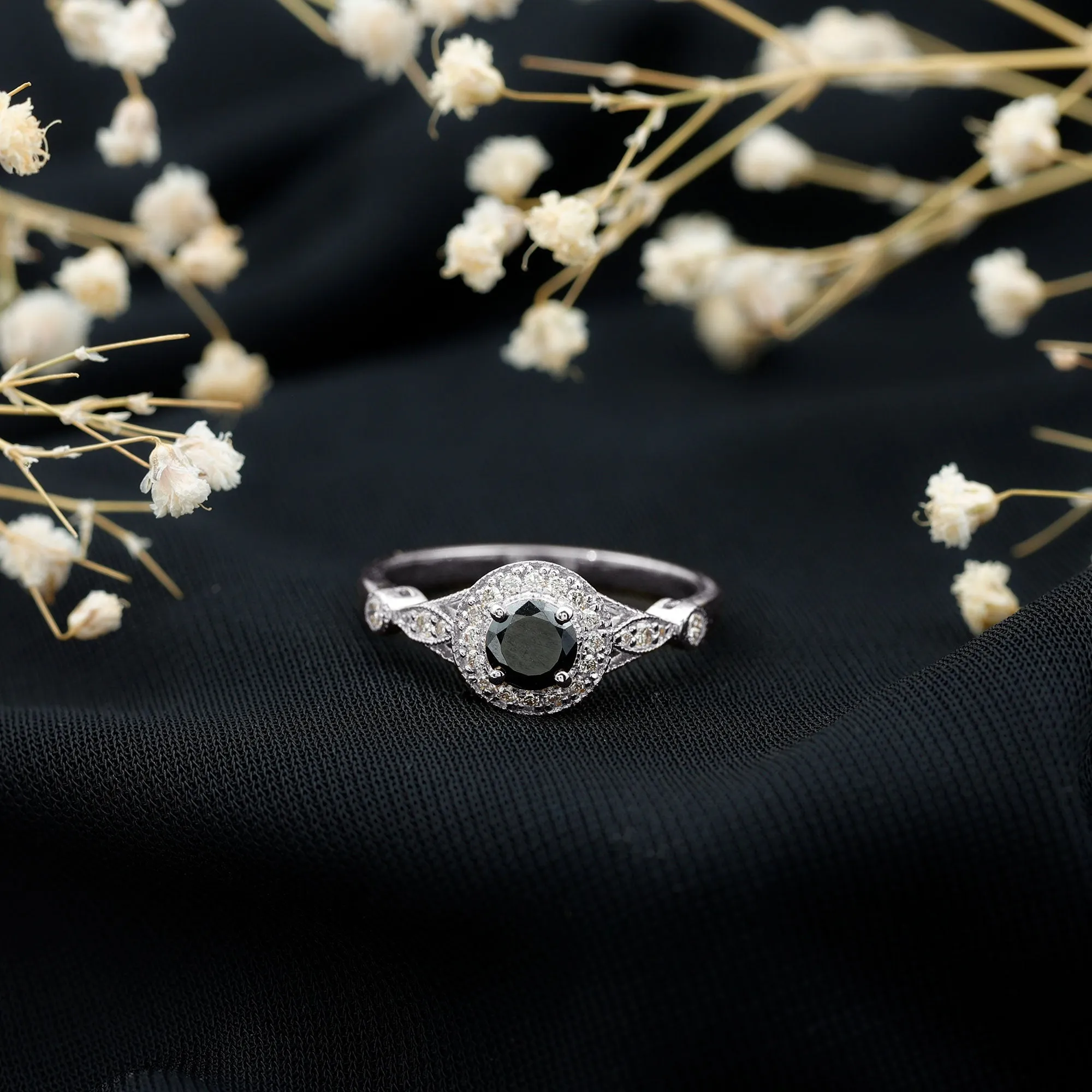 Created Black Diamond Antique Style Engagement Ring with Diamond