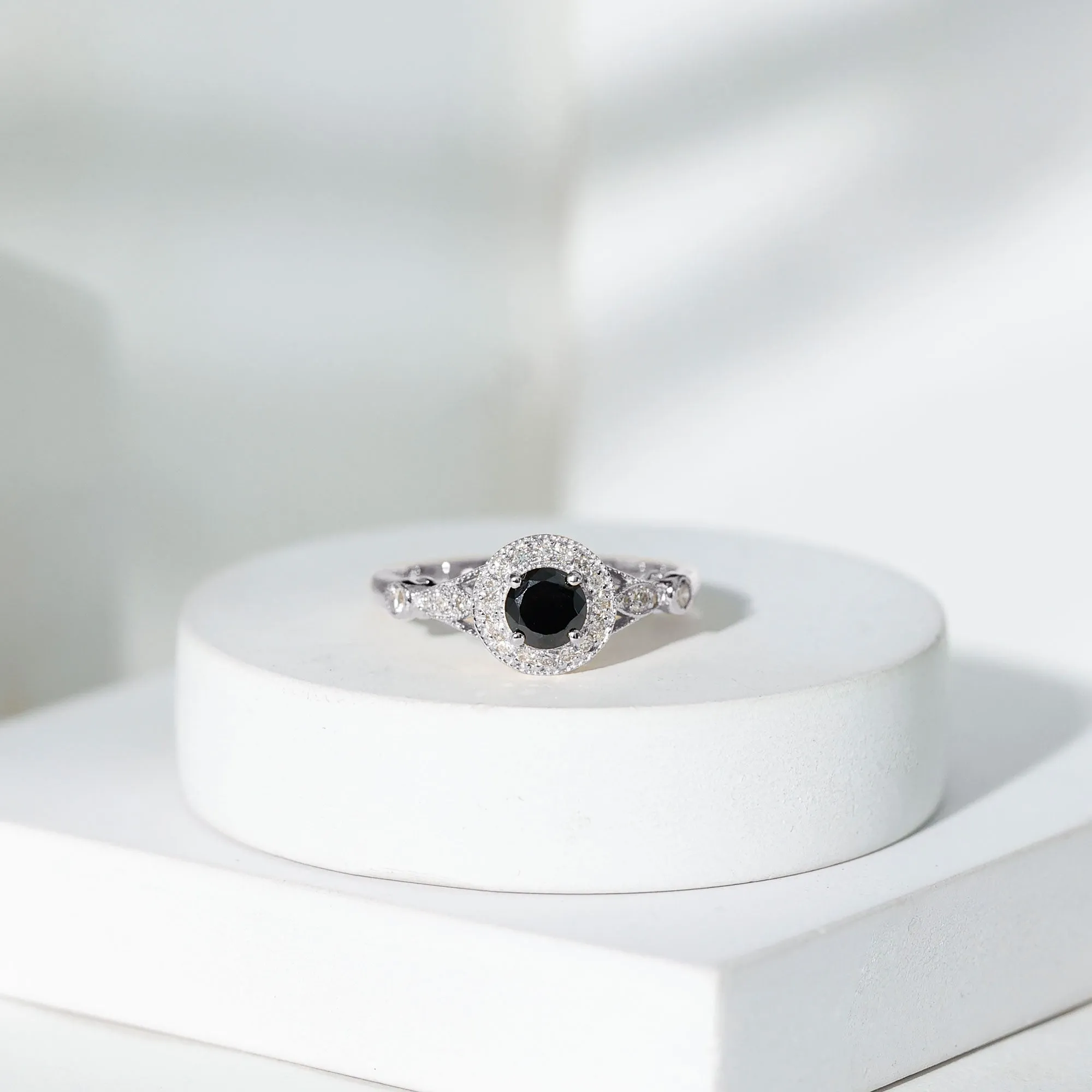 Created Black Diamond Antique Style Engagement Ring with Diamond