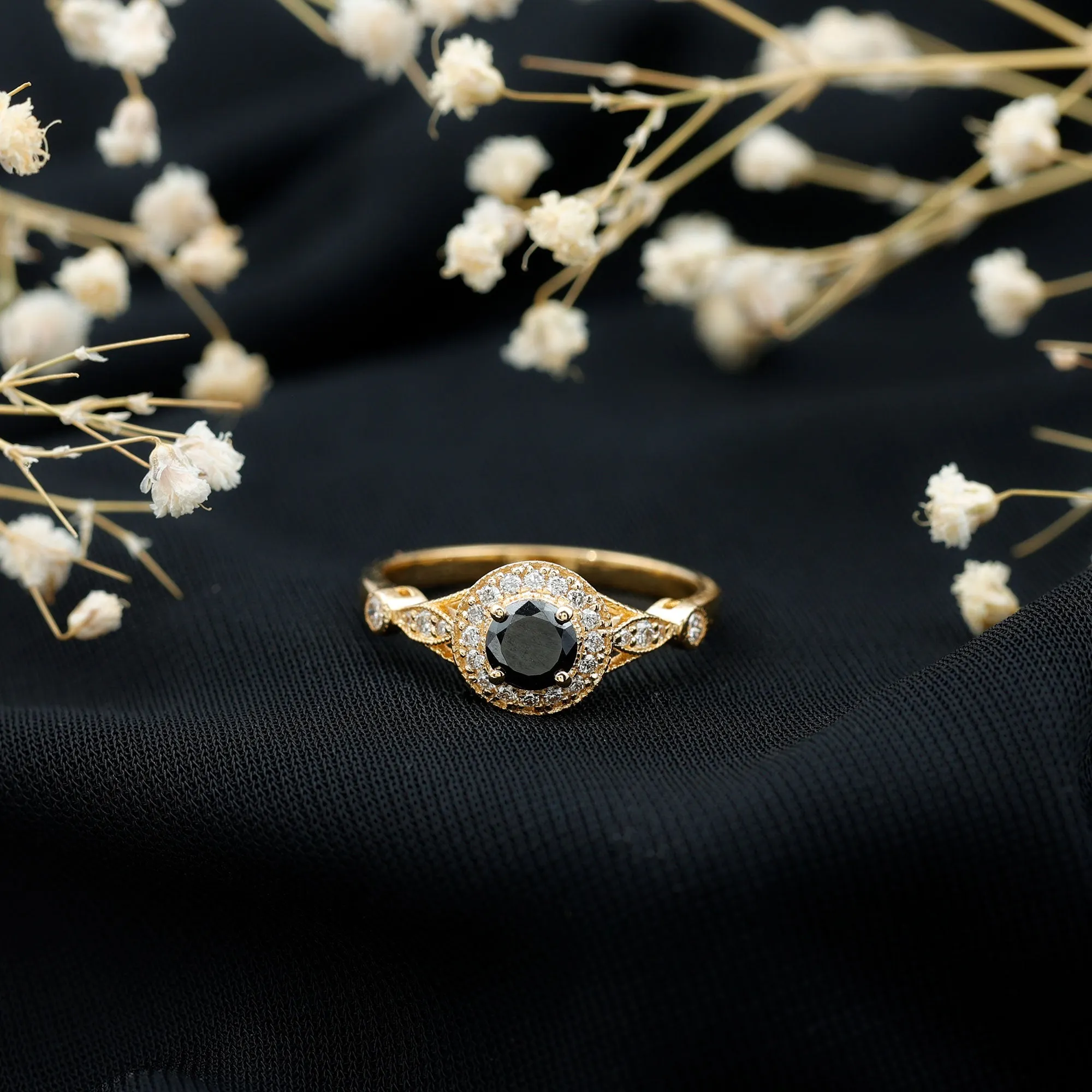 Created Black Diamond Antique Style Engagement Ring with Diamond