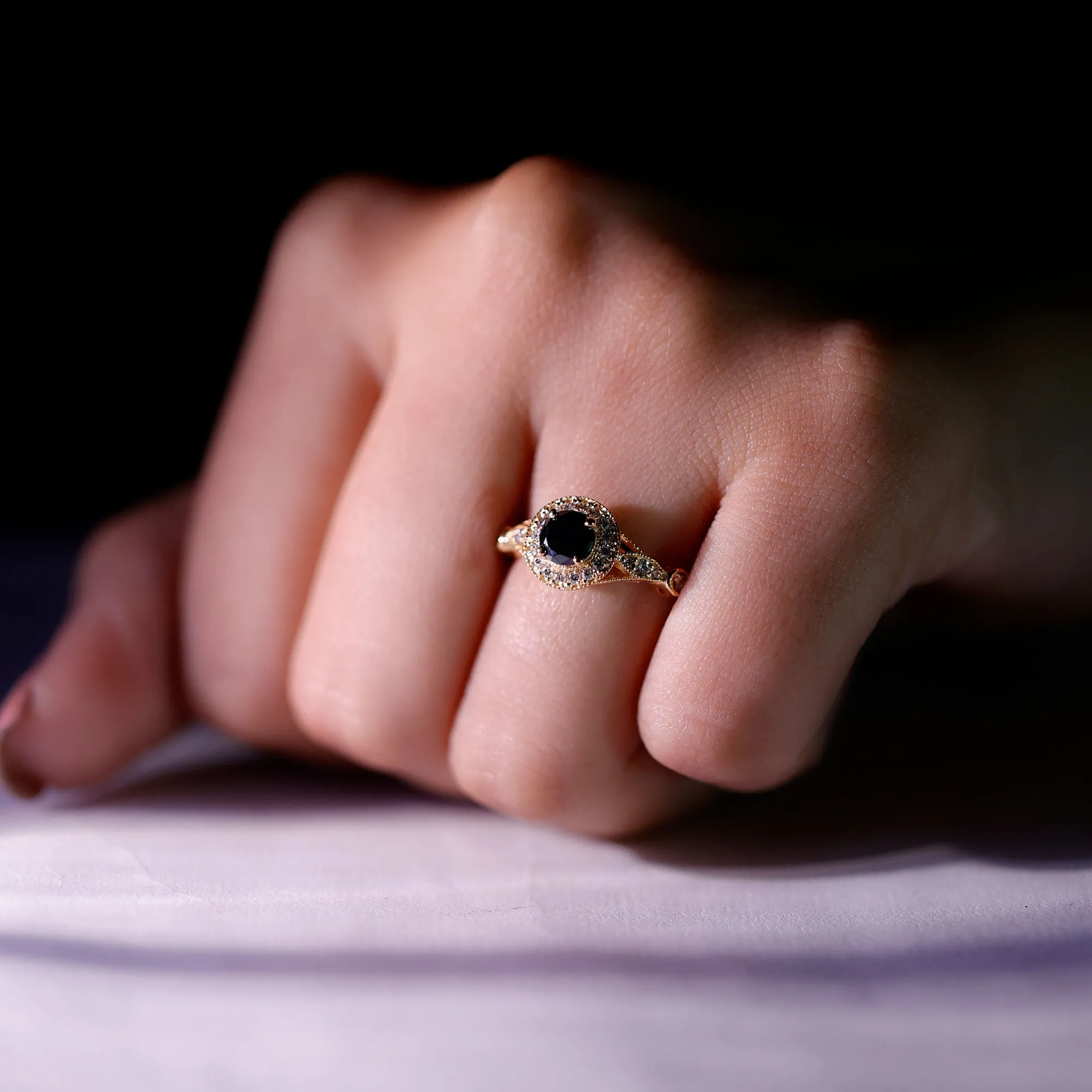 Created Black Diamond Antique Style Engagement Ring with Diamond