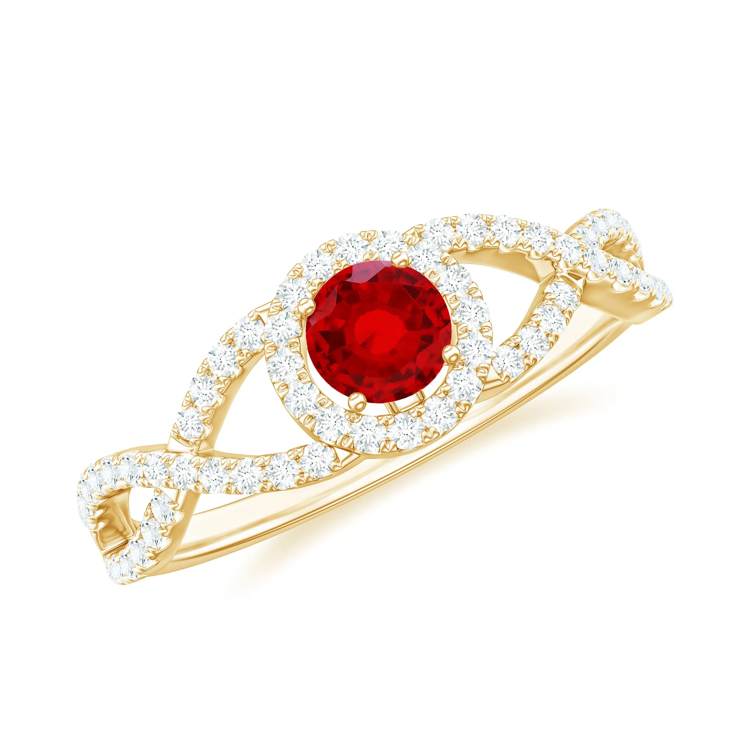 Criss Cross Shank Lab-Created Ruby and Diamond Halo Engagement Ring