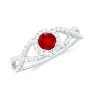 Criss Cross Shank Lab-Created Ruby and Diamond Halo Engagement Ring