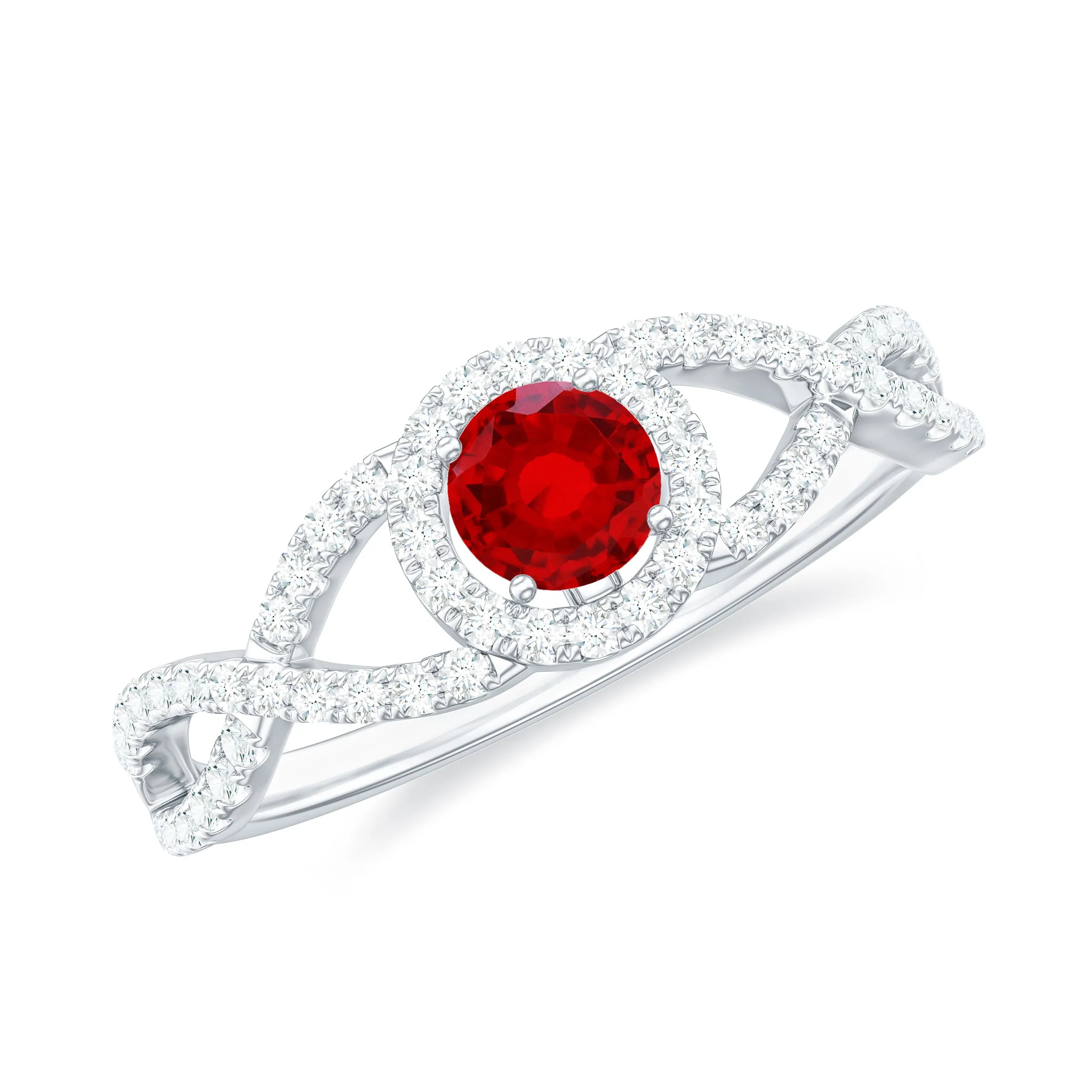Criss Cross Shank Lab-Created Ruby and Diamond Halo Engagement Ring