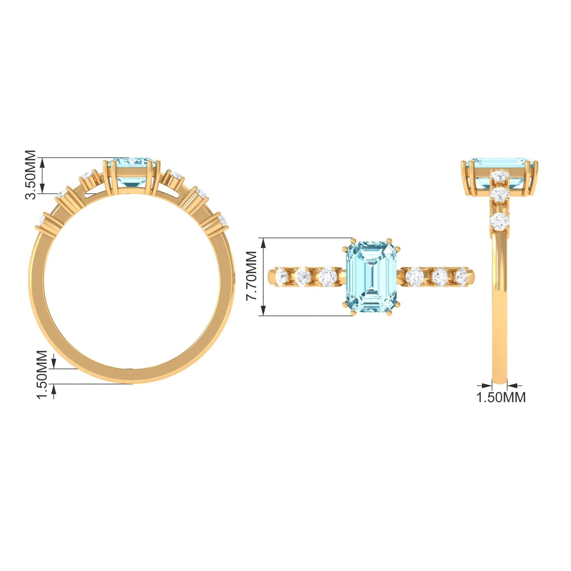 Emerald Cut Aquamarine Solitaire Engagement Ring with Diamond