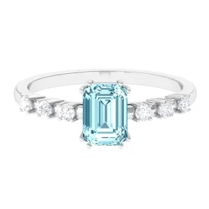 Emerald Cut Aquamarine Solitaire Engagement Ring with Diamond