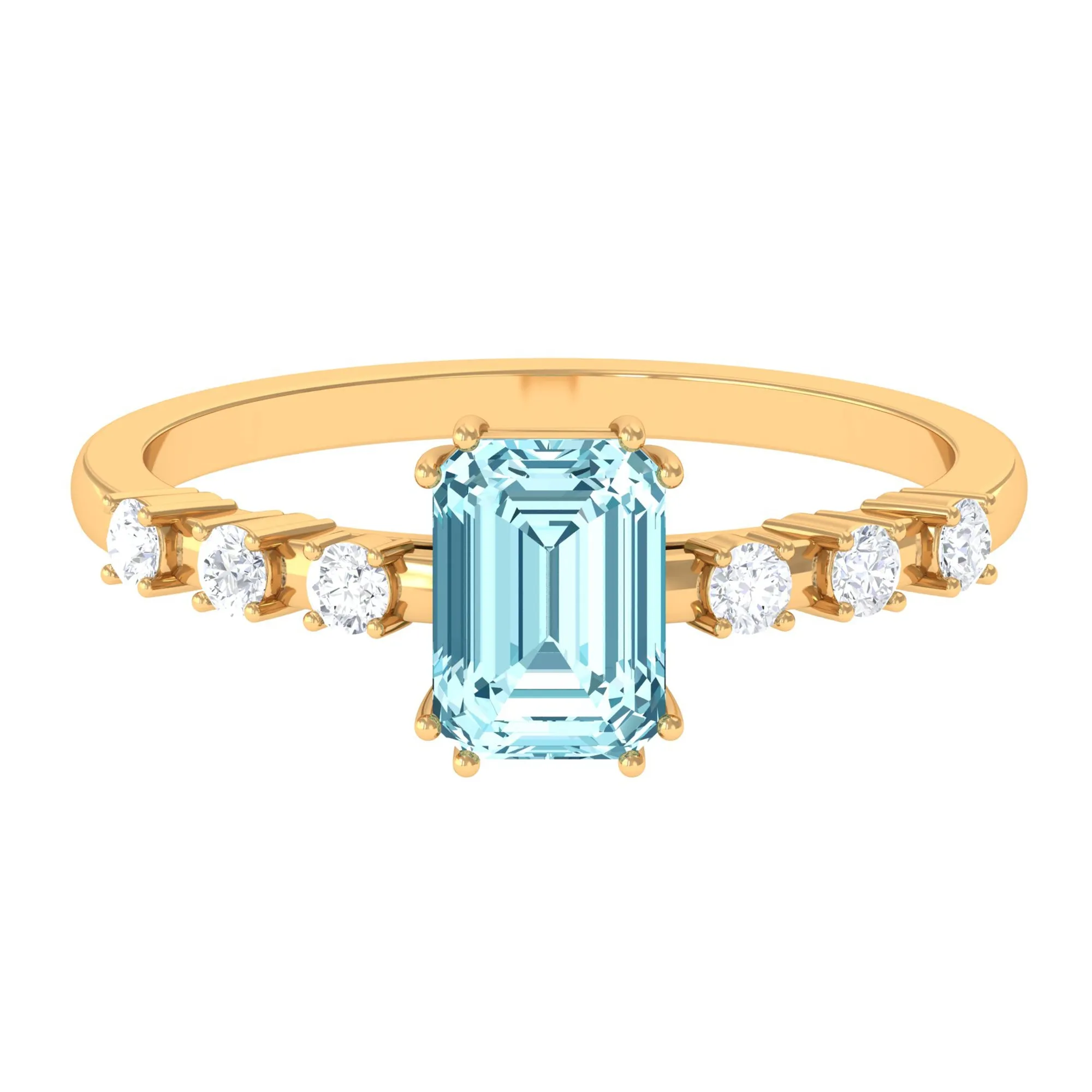 Emerald Cut Aquamarine Solitaire Engagement Ring with Diamond