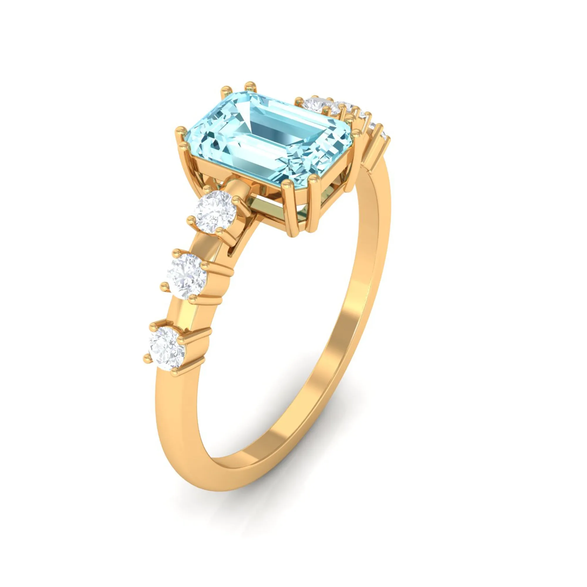 Emerald Cut Aquamarine Solitaire Engagement Ring with Diamond
