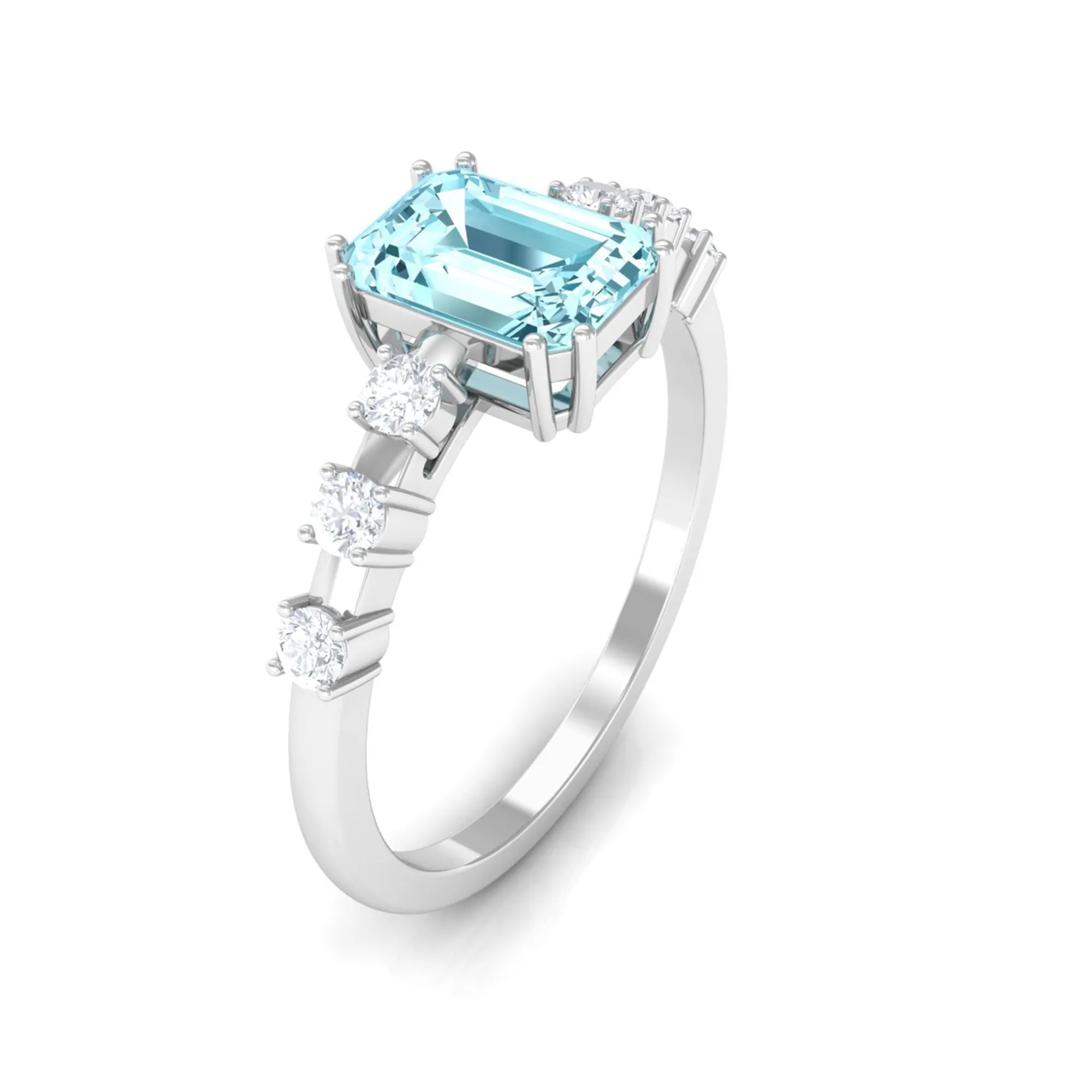 Emerald Cut Aquamarine Solitaire Engagement Ring with Diamond