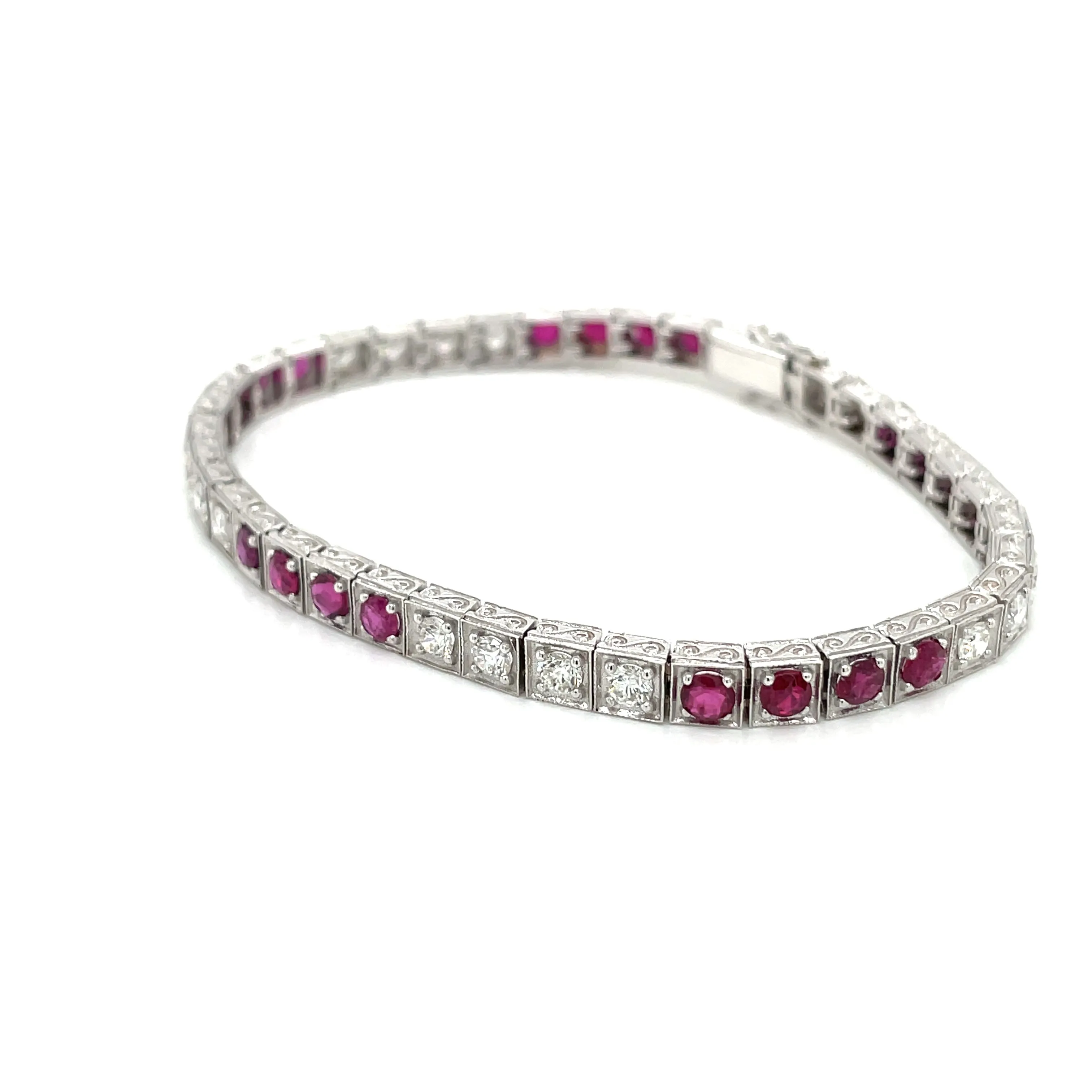 Estate Diamond Ruby Engraved Tennis Gold Bracelet